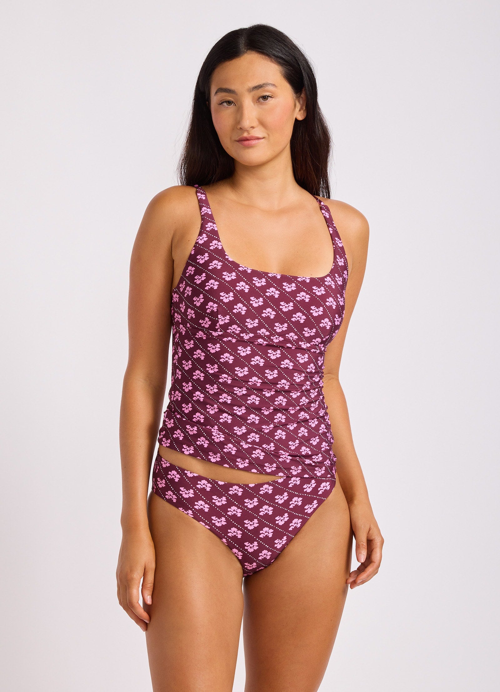 Batik Bloom Square Neck Tankini Bikini Top - Dark Burgundy