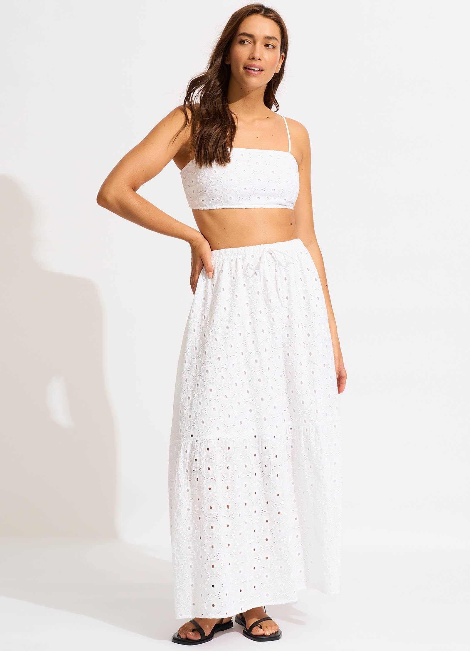 Broderie Maxi Skirt - White - White