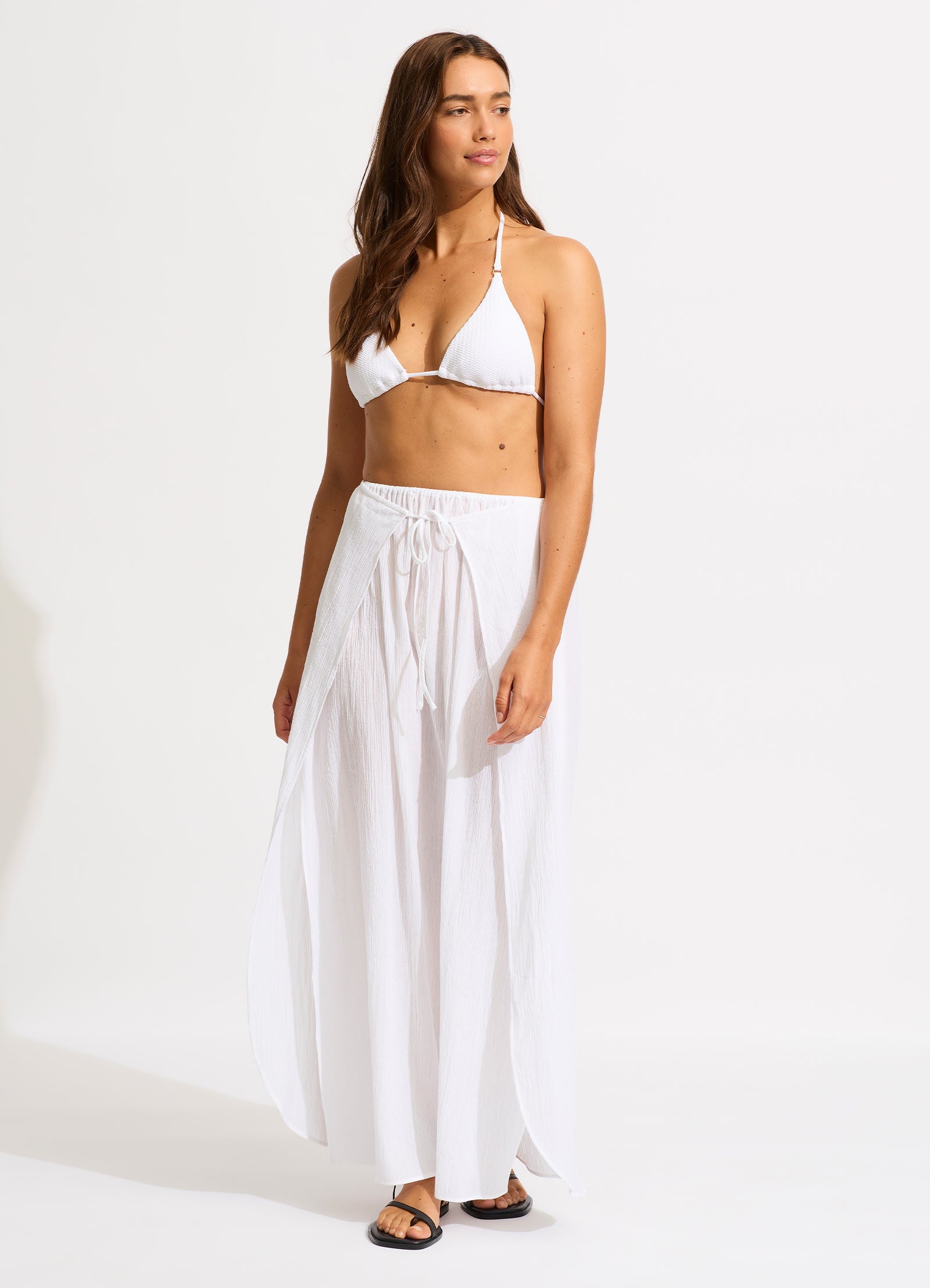 Crinkle Wrap Maxi Skirt - White - White