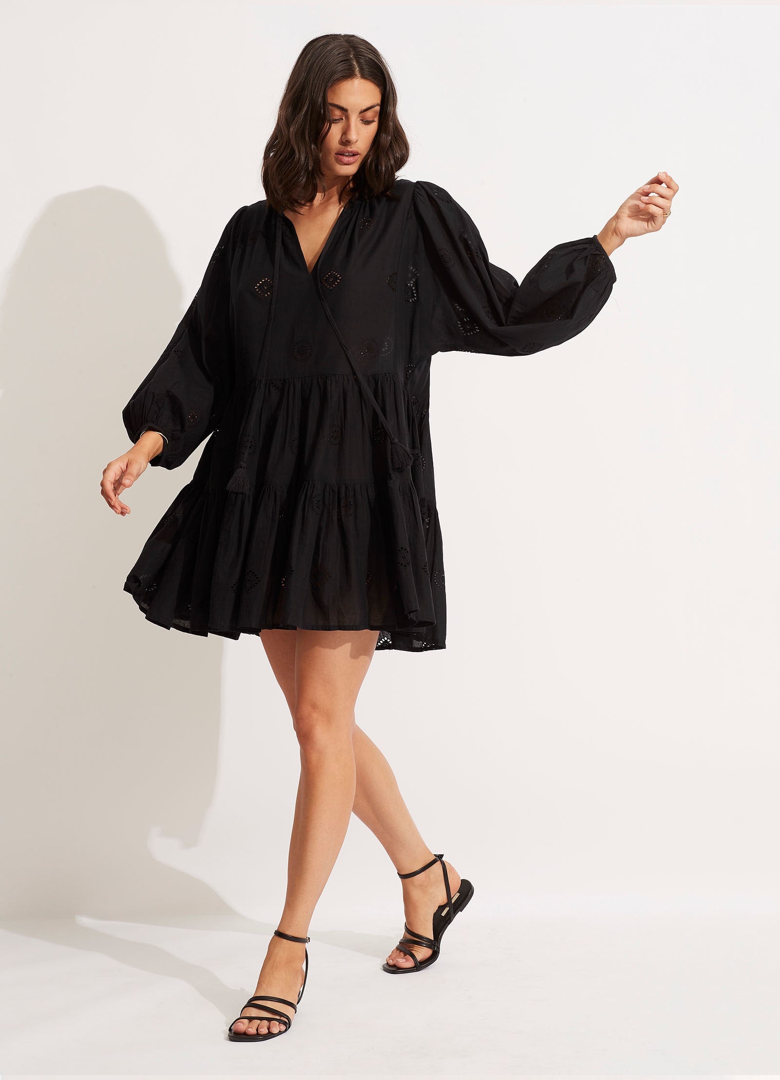 Embroidery Tiered Dress - Black - Black