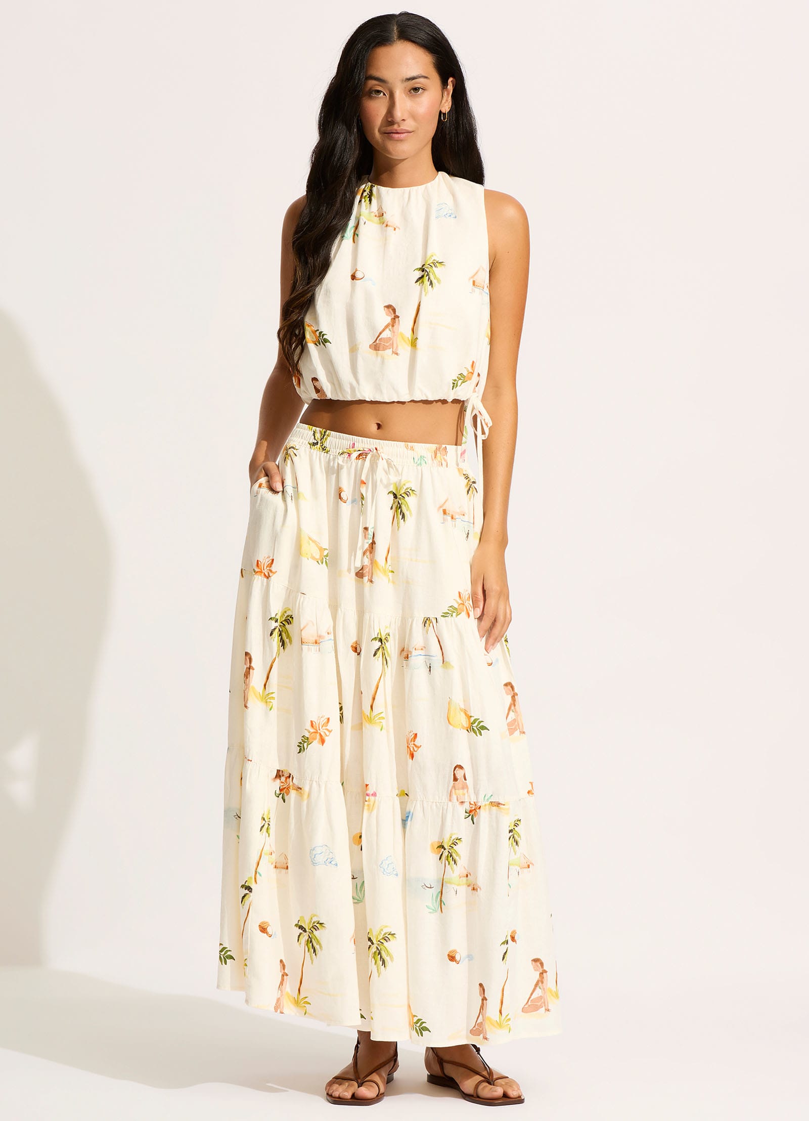 Isla Palm Drawcord Waist Top - Ecru - Ecru