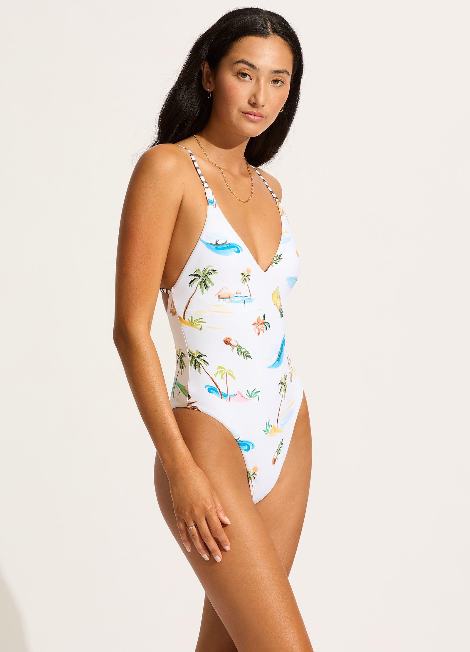 Isla Palm V Neck One Piece - White - White