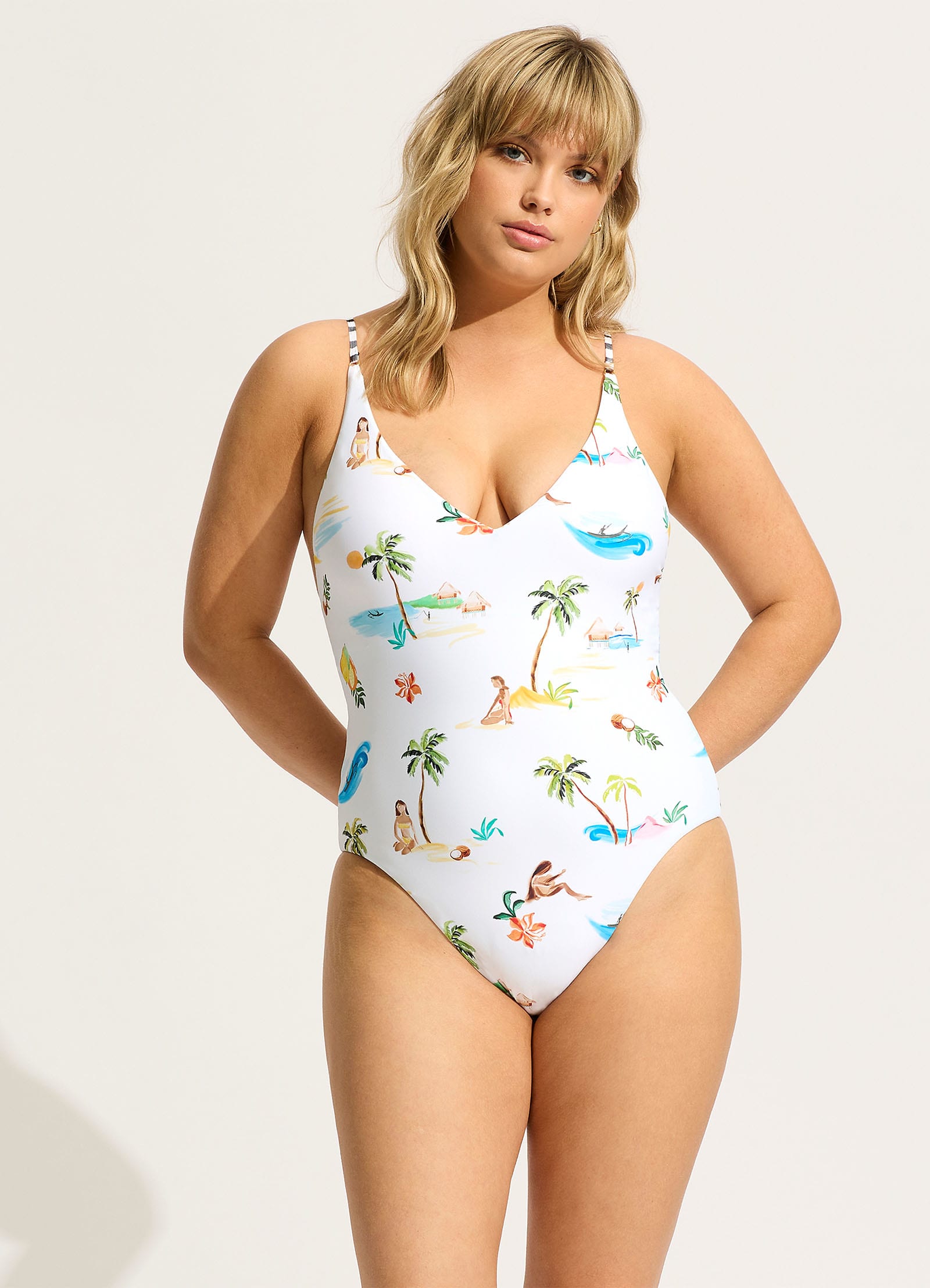 Isla Palm V Neck One Piece - White - White view 6