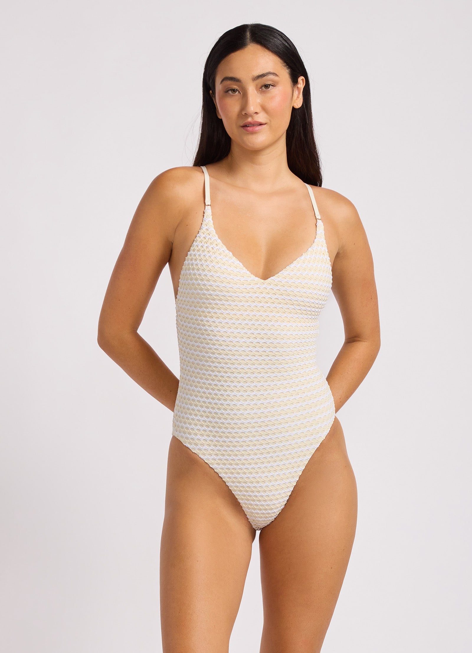 Mesh Effect V Neck One Piece Swimsuit - Ecru
