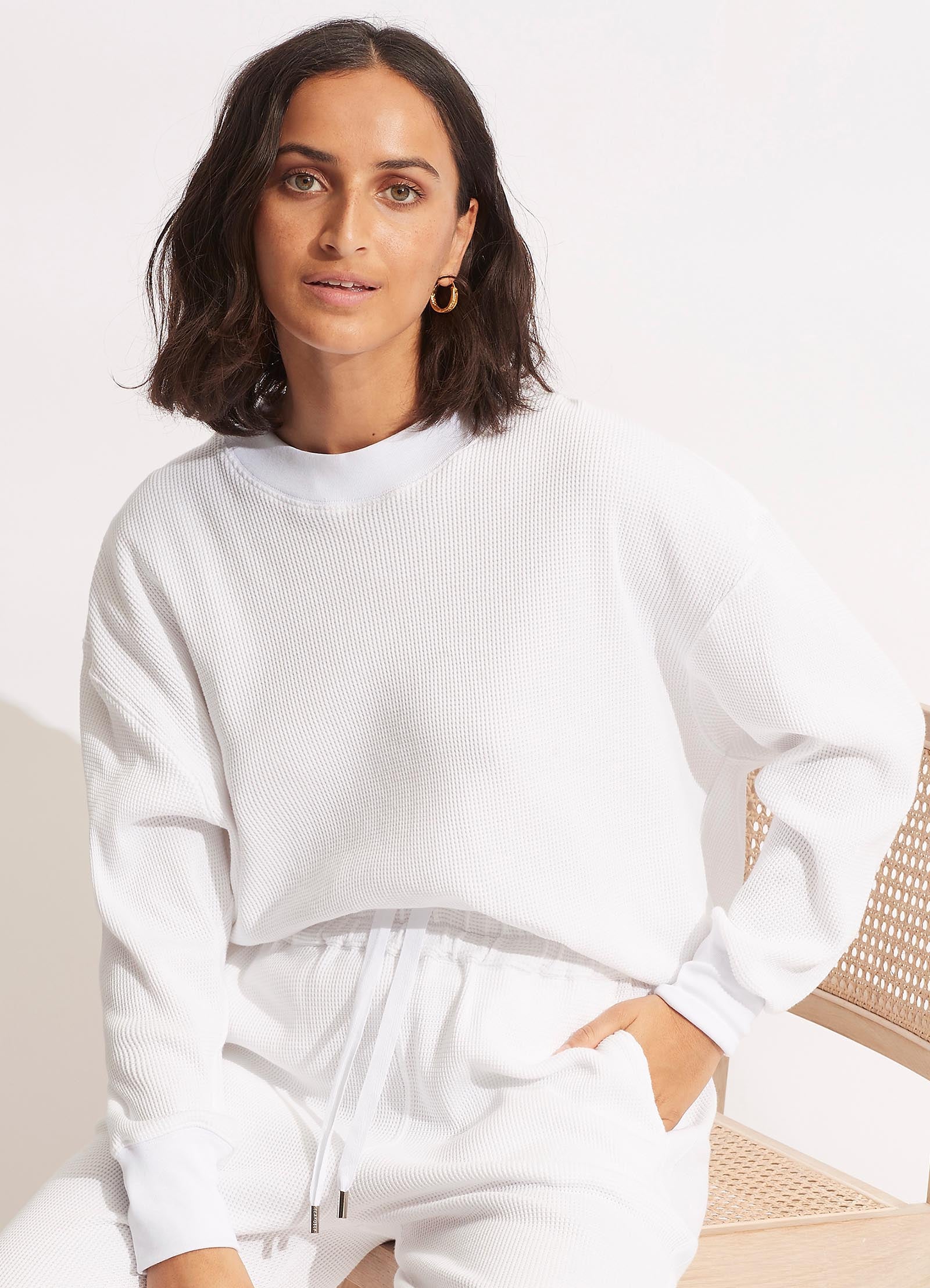 Waffle Sweat Top - White - White
