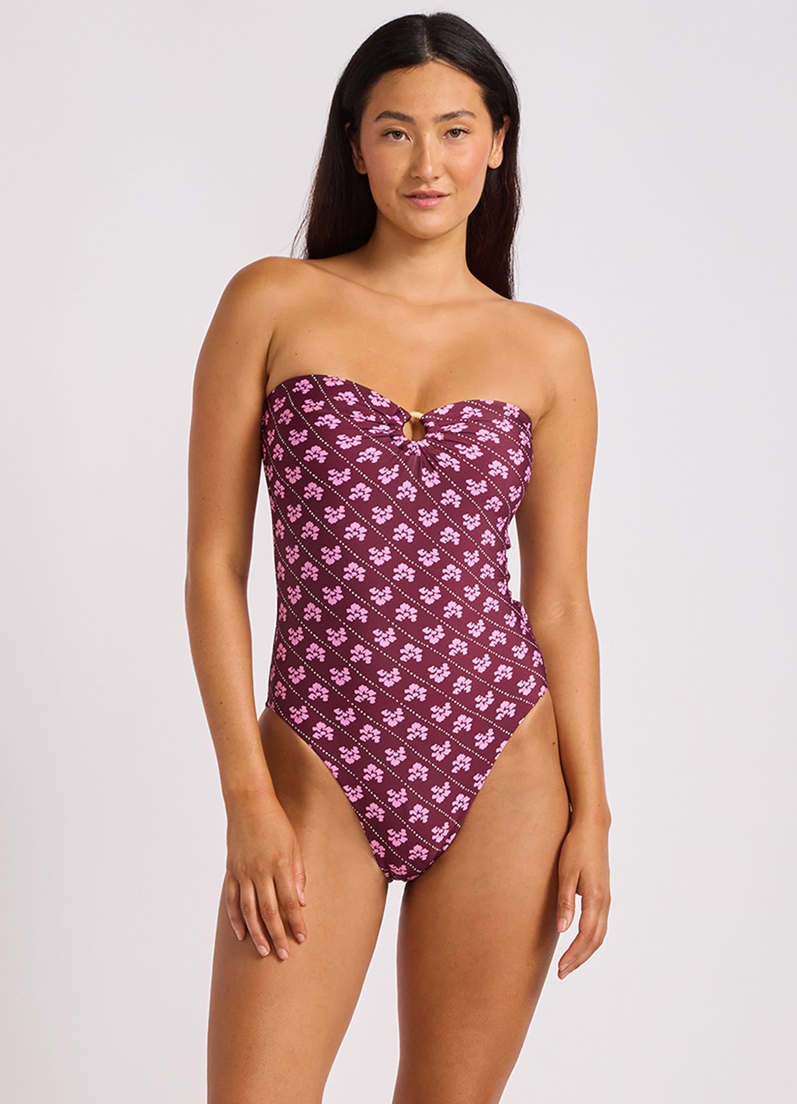Batik Bloom Bandeau One Piece Swimsuit - Dark Burgundy