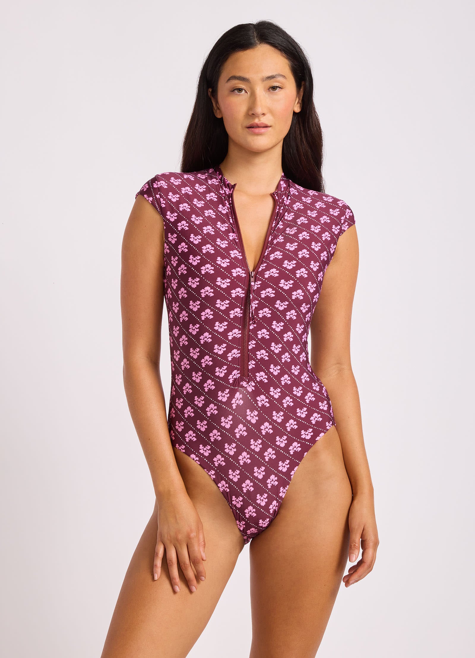 Batik Bloom Cap Sleeve Zip Front One Piece Swimsuit - Dark Burgundy