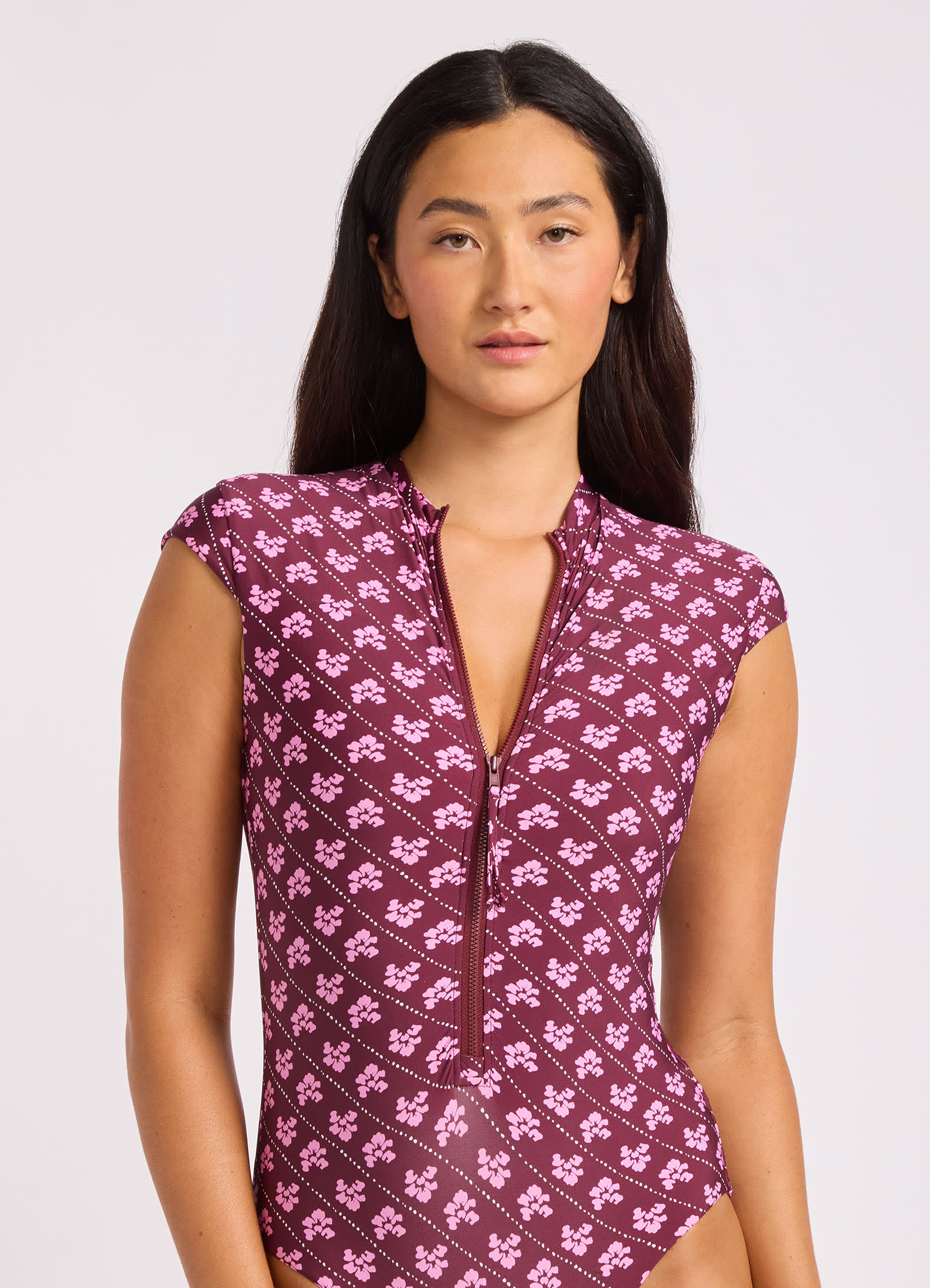 Batik Bloom Cap Sleeve Zip Front One Piece Swimsuit - Dark Burgundy view 2