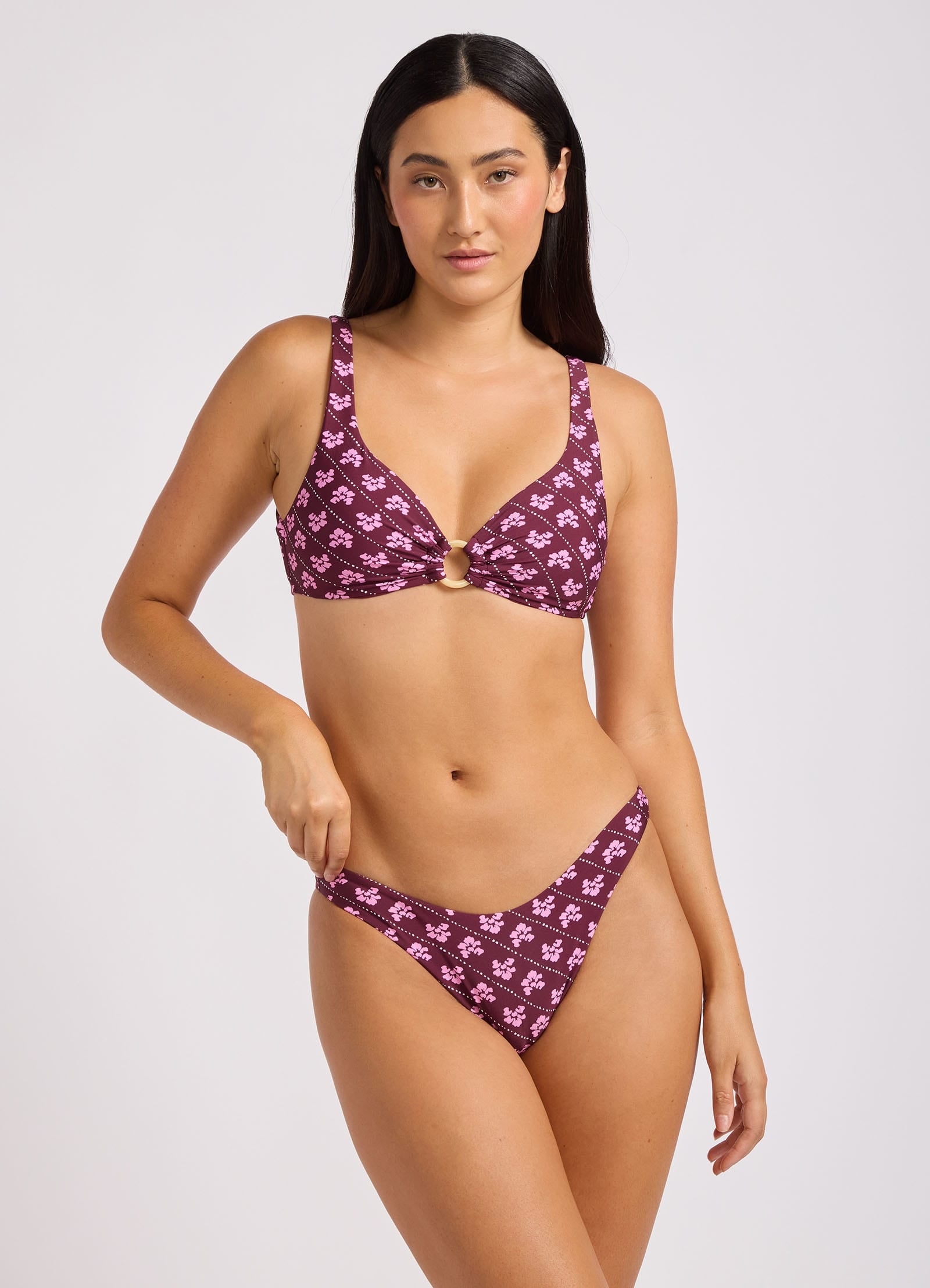 Batik Bloom Multifit Ring Front Tank Bikini Top - Dark Burgundy view 2