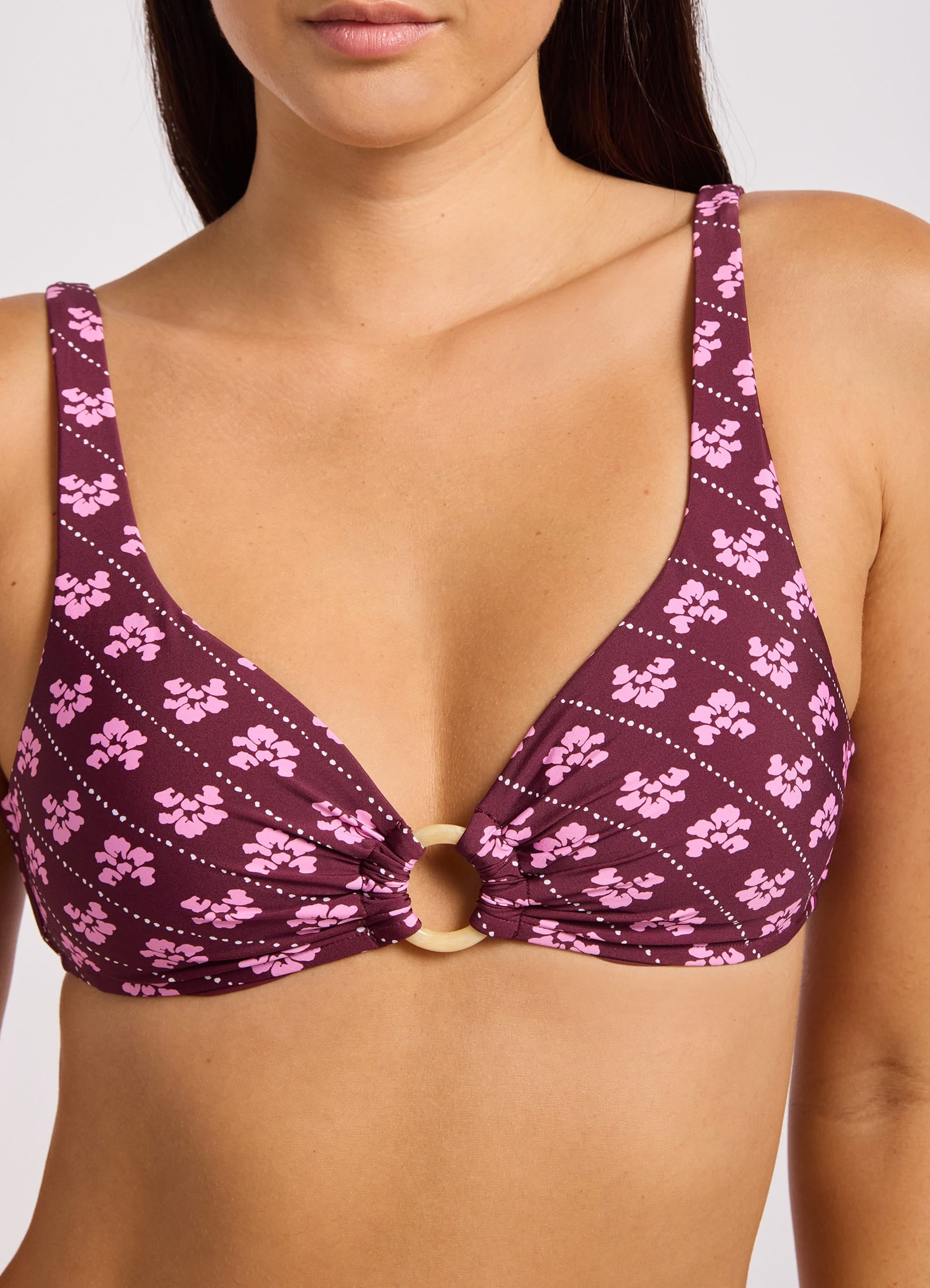Batik Bloom Multifit Ring Front Tank Bikini Top - Dark Burgundy view 6