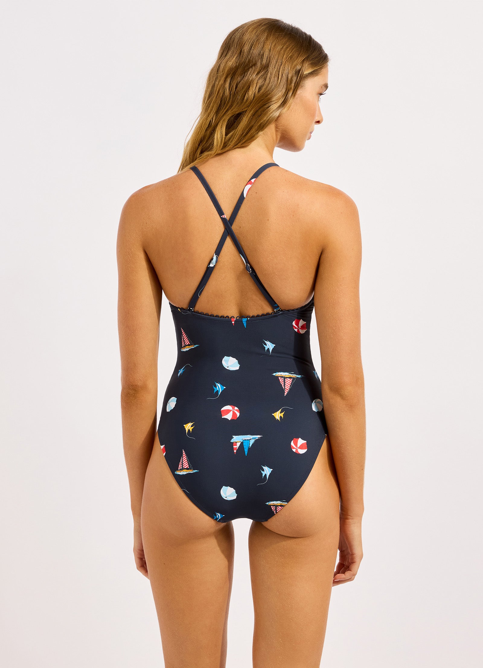 Beach Club V Neck One Piece Swimsuit - True Navy view 3