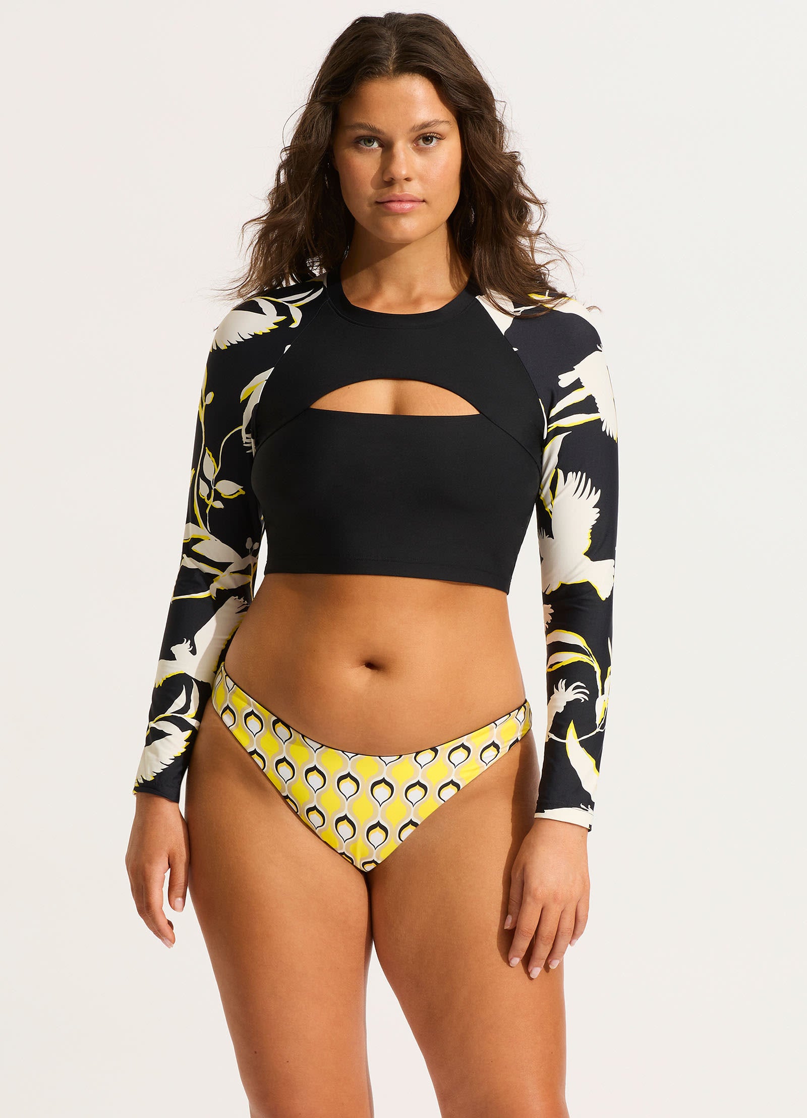 Birds Of Paradise Cropped Long Sleeve Rashvest - Black - Black