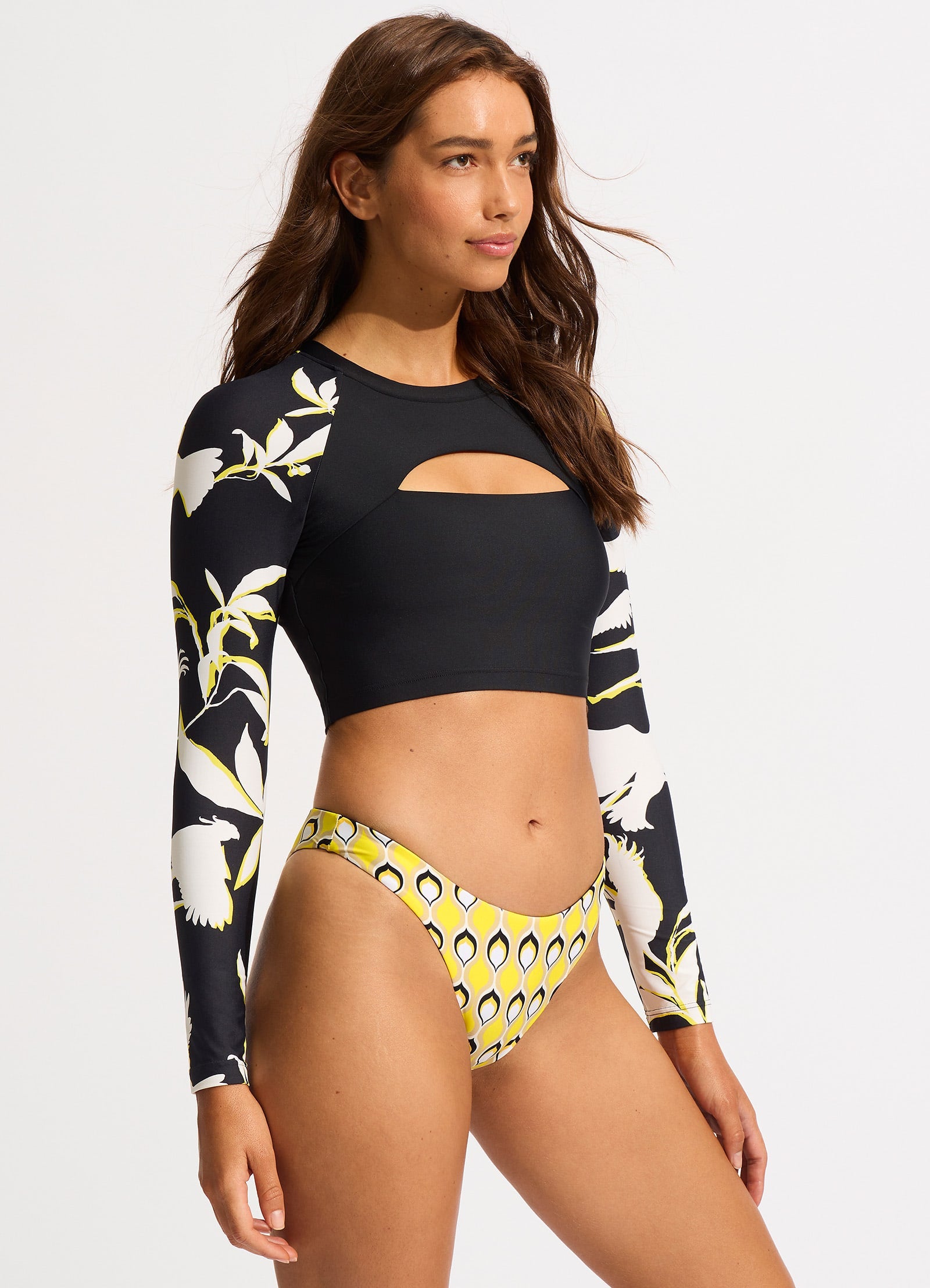 Birds Of Paradise Cropped Long Sleeve Rashvest - Black - Black view 4