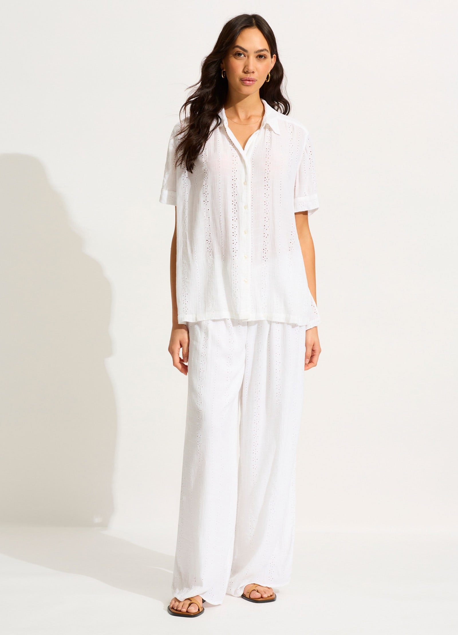 Broderie Short Sleeve Shirt - White - White