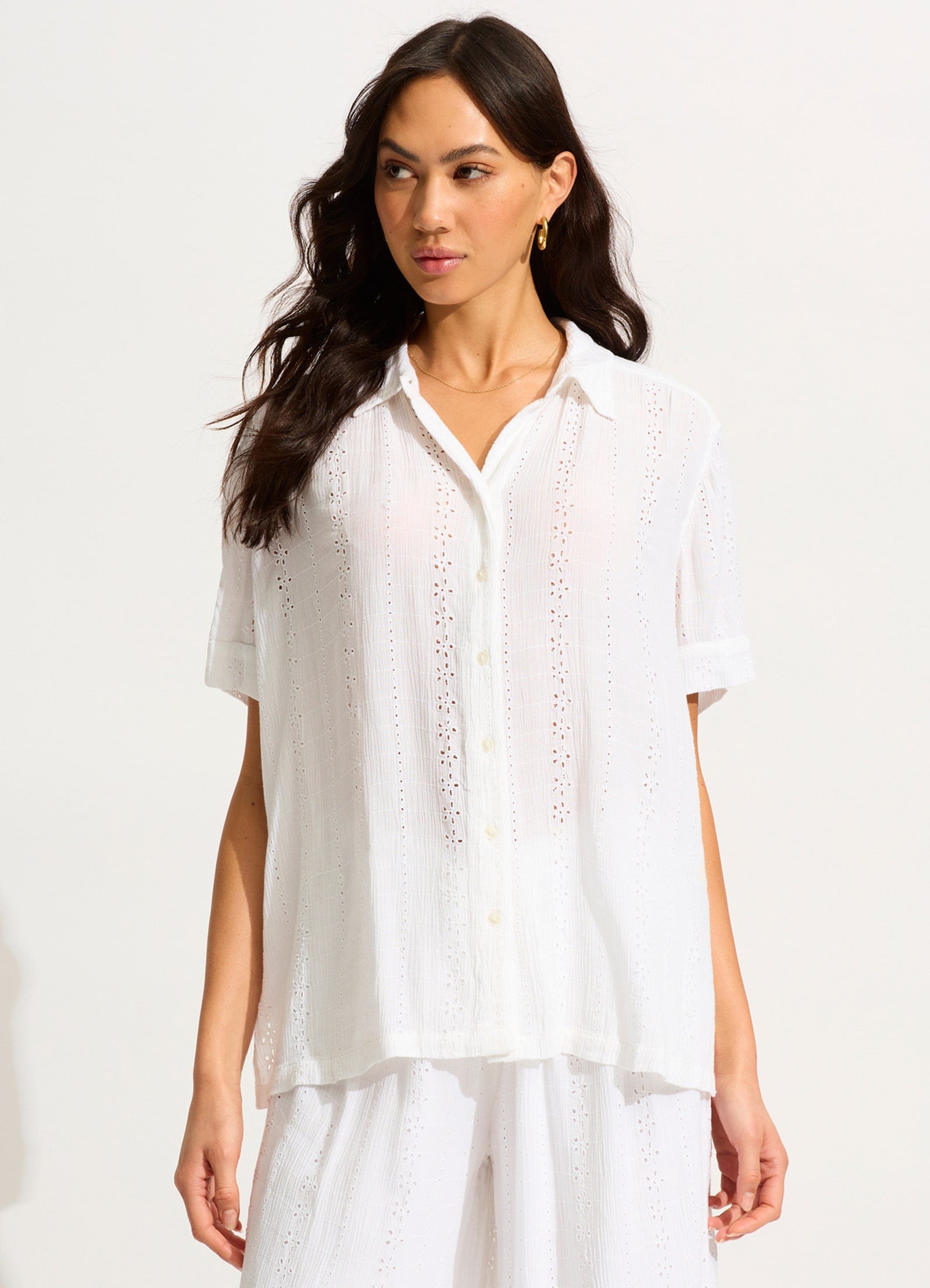 Broderie Short Sleeve Shirt - White - White view 2