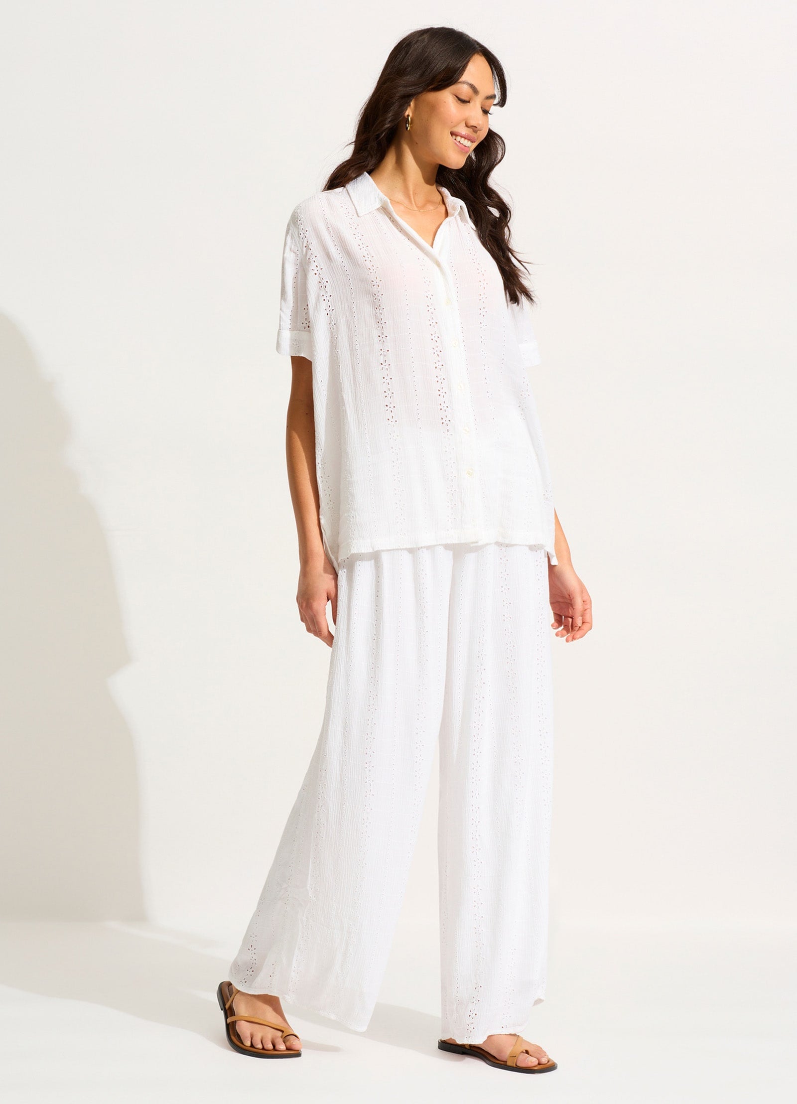 Broderie Short Sleeve Shirt - White - White view 3