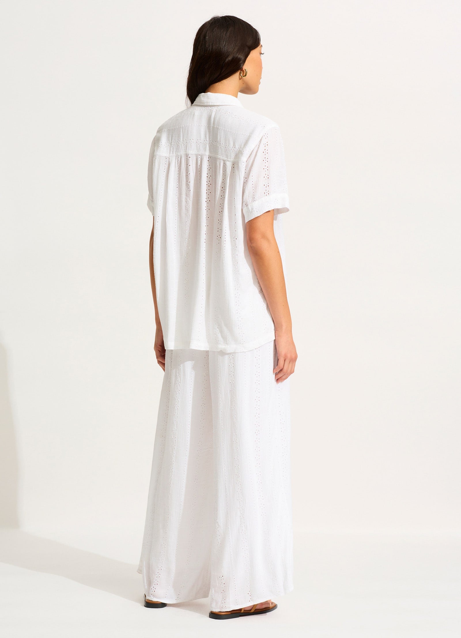 Broderie Short Sleeve Shirt - White - White view 4
