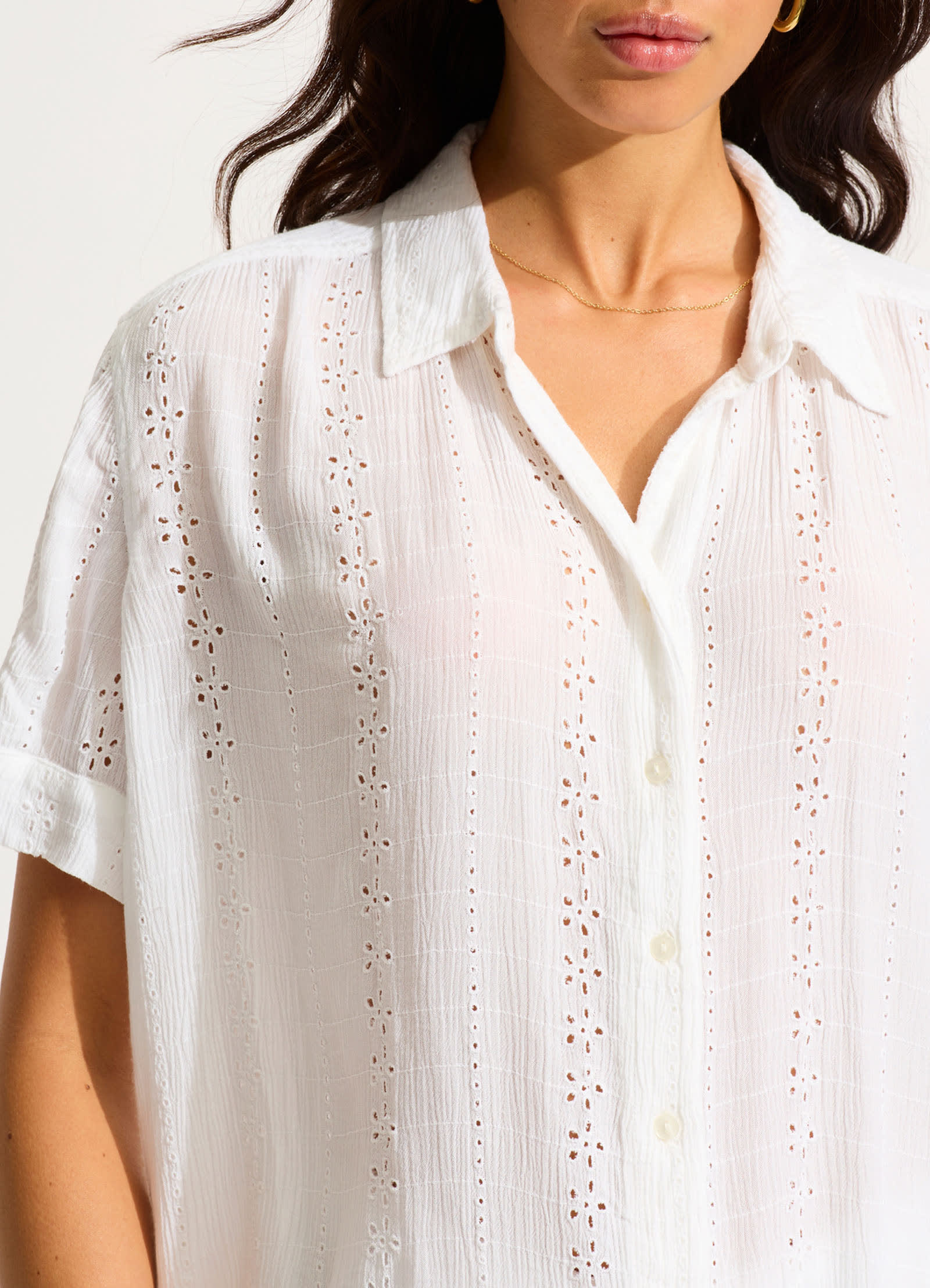 Broderie Short Sleeve Shirt - White - White view 5
