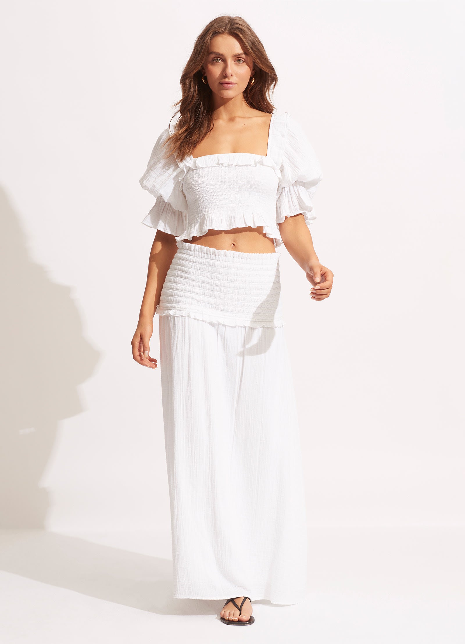 Caspian Shirring Top - White - White