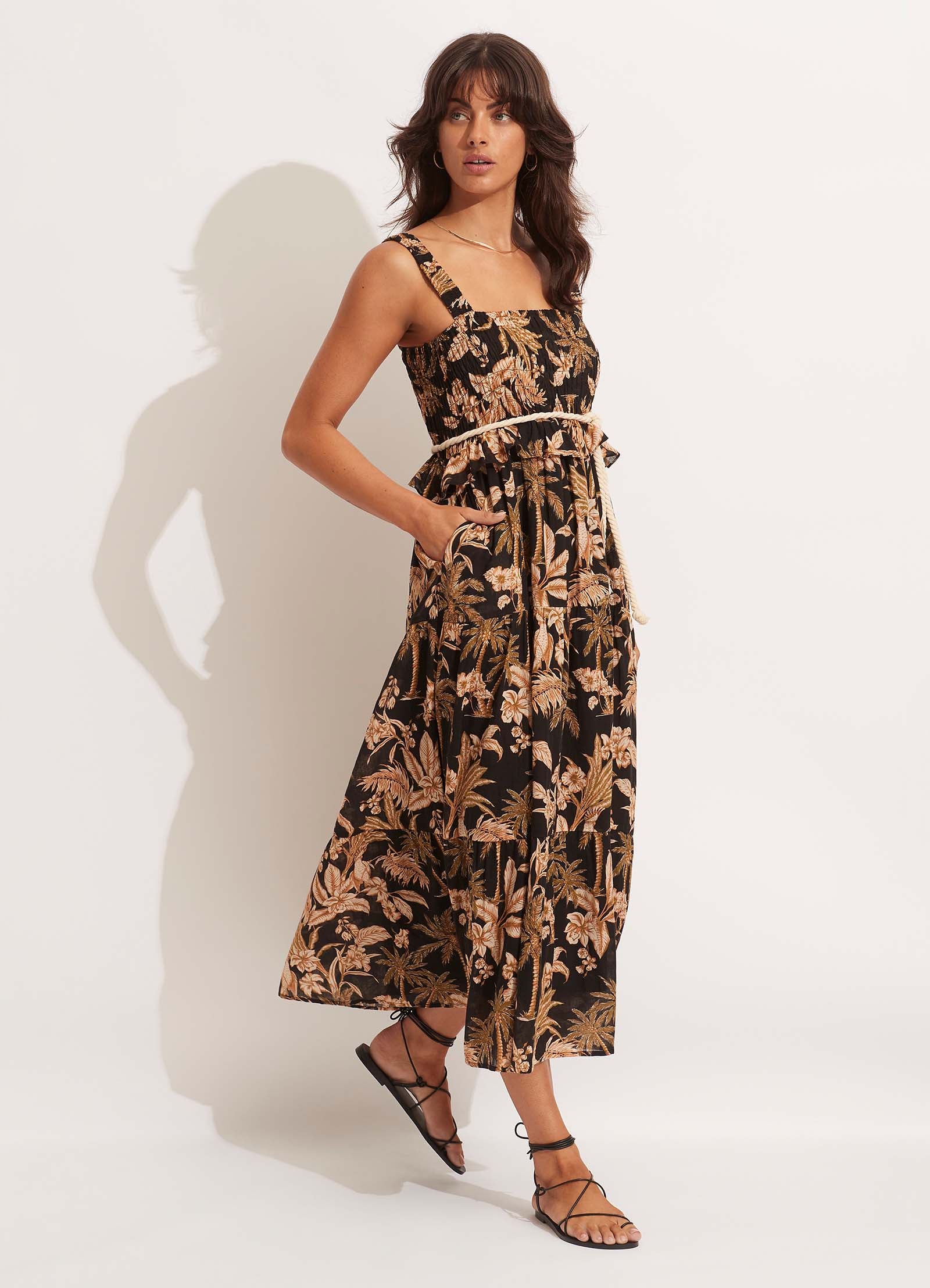 Castaway Shirring Dress - Black - Black view 2