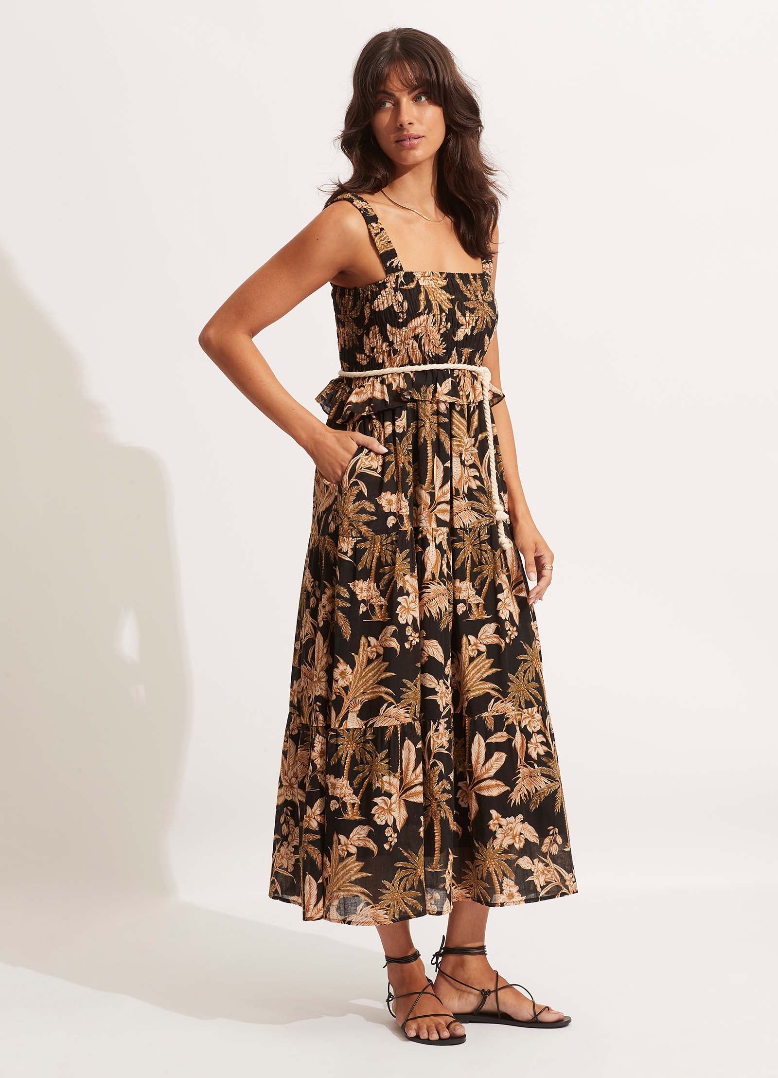 Castaway Shirring Dress - Black - Black view 4