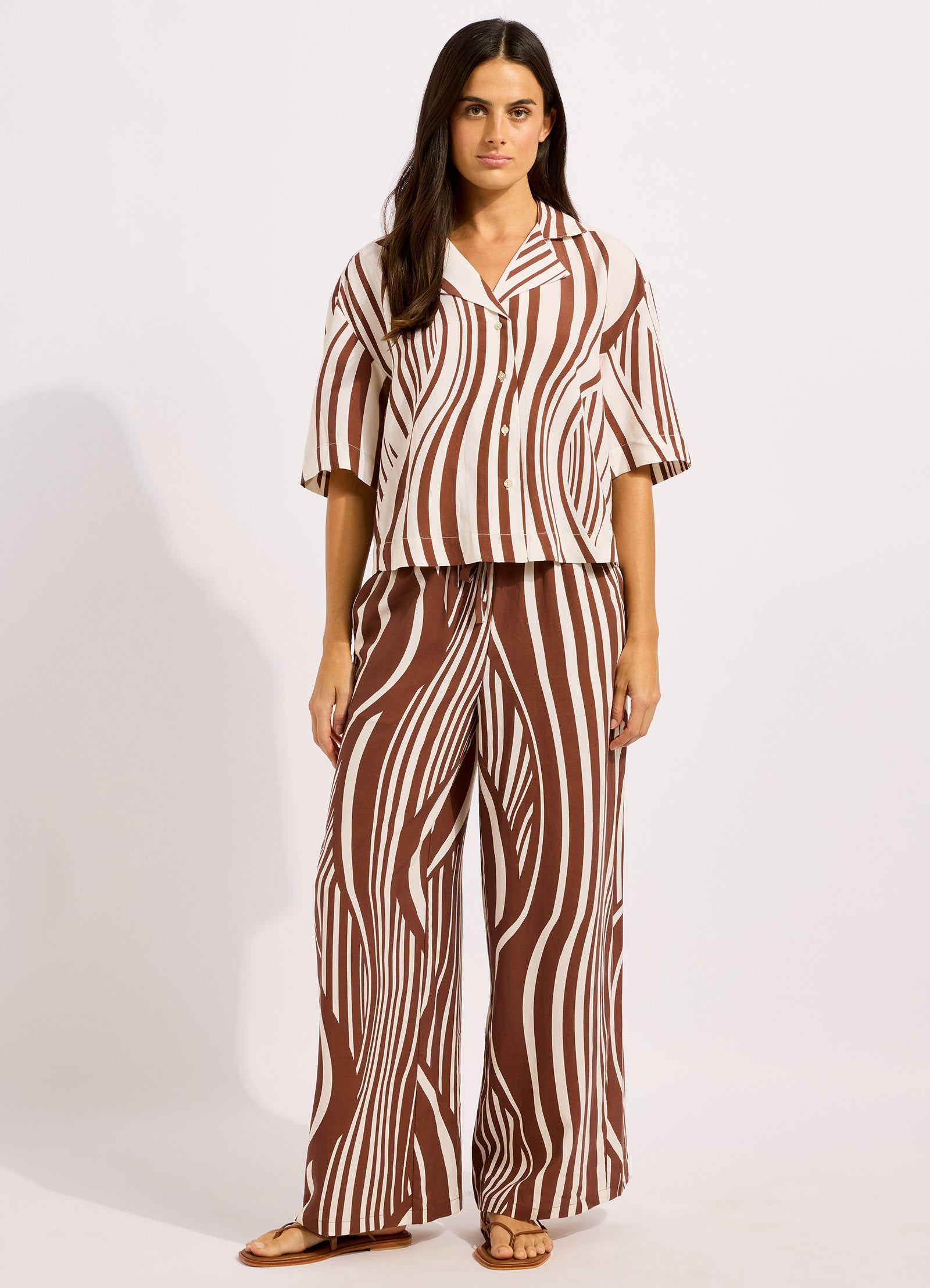 Coastline Stripe Oversized Crop Shirt - Ecru/Cocoa