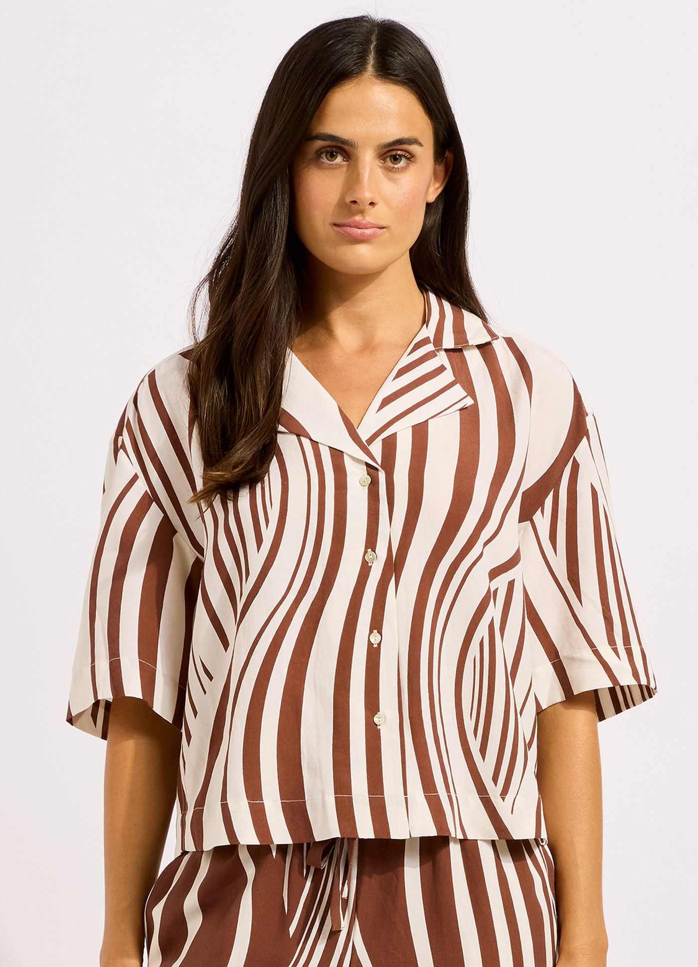 Coastline Stripe Oversized Crop Shirt - Ecru/Cocoa view 2