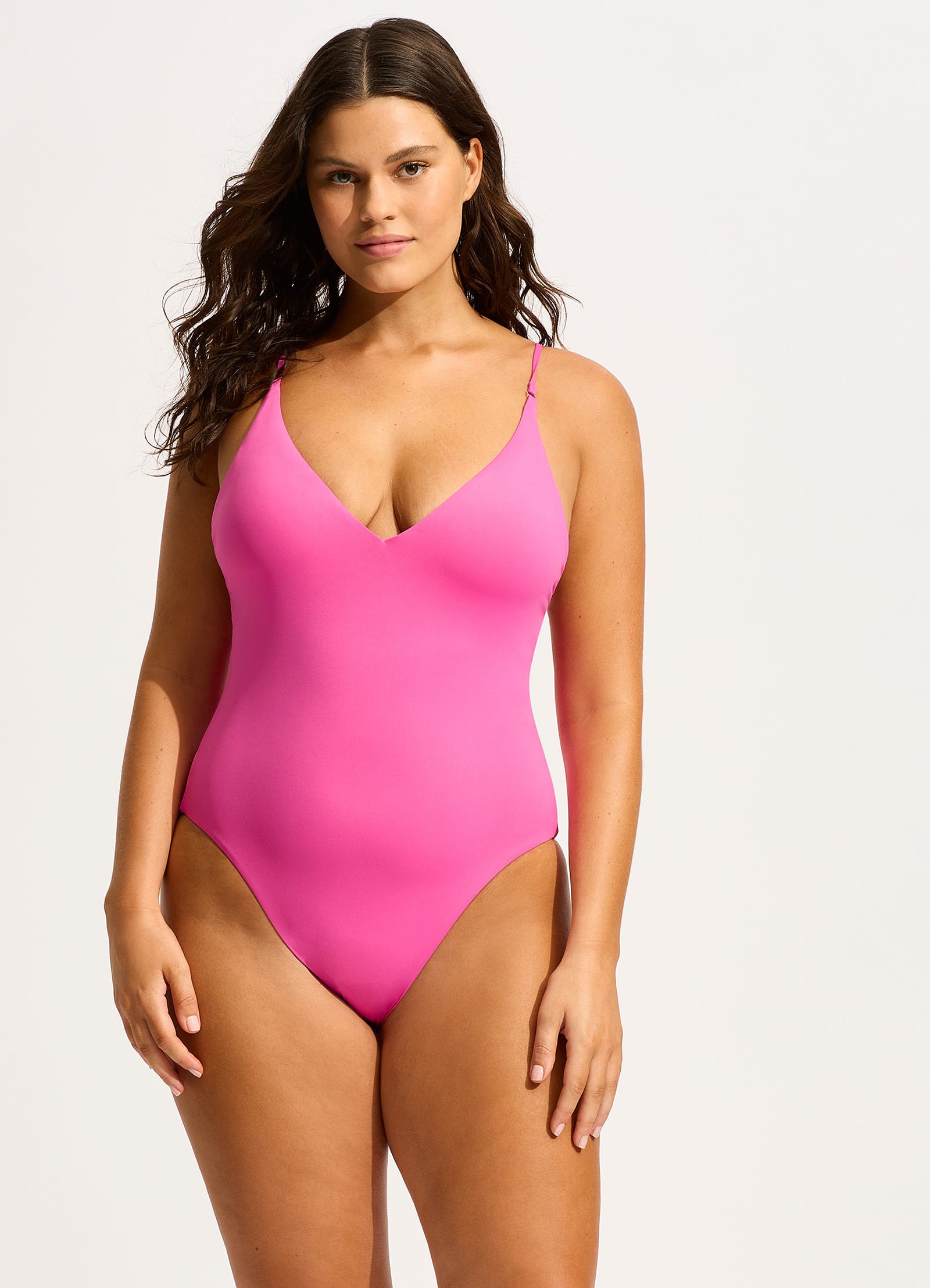 Collective V Neck One Piece - Hot Pink - Hot Pink