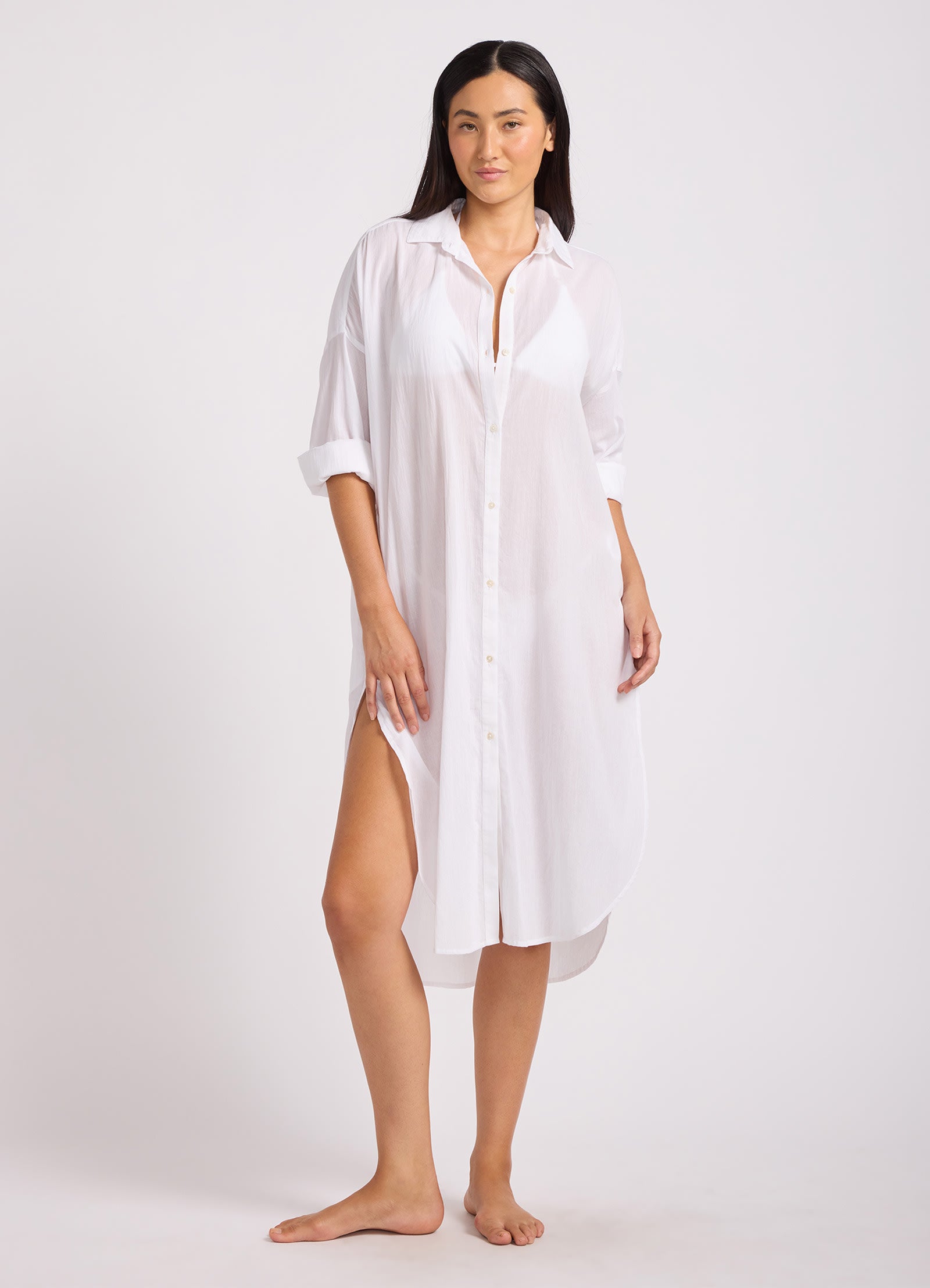 Cotton Voile Shirt Dress - White