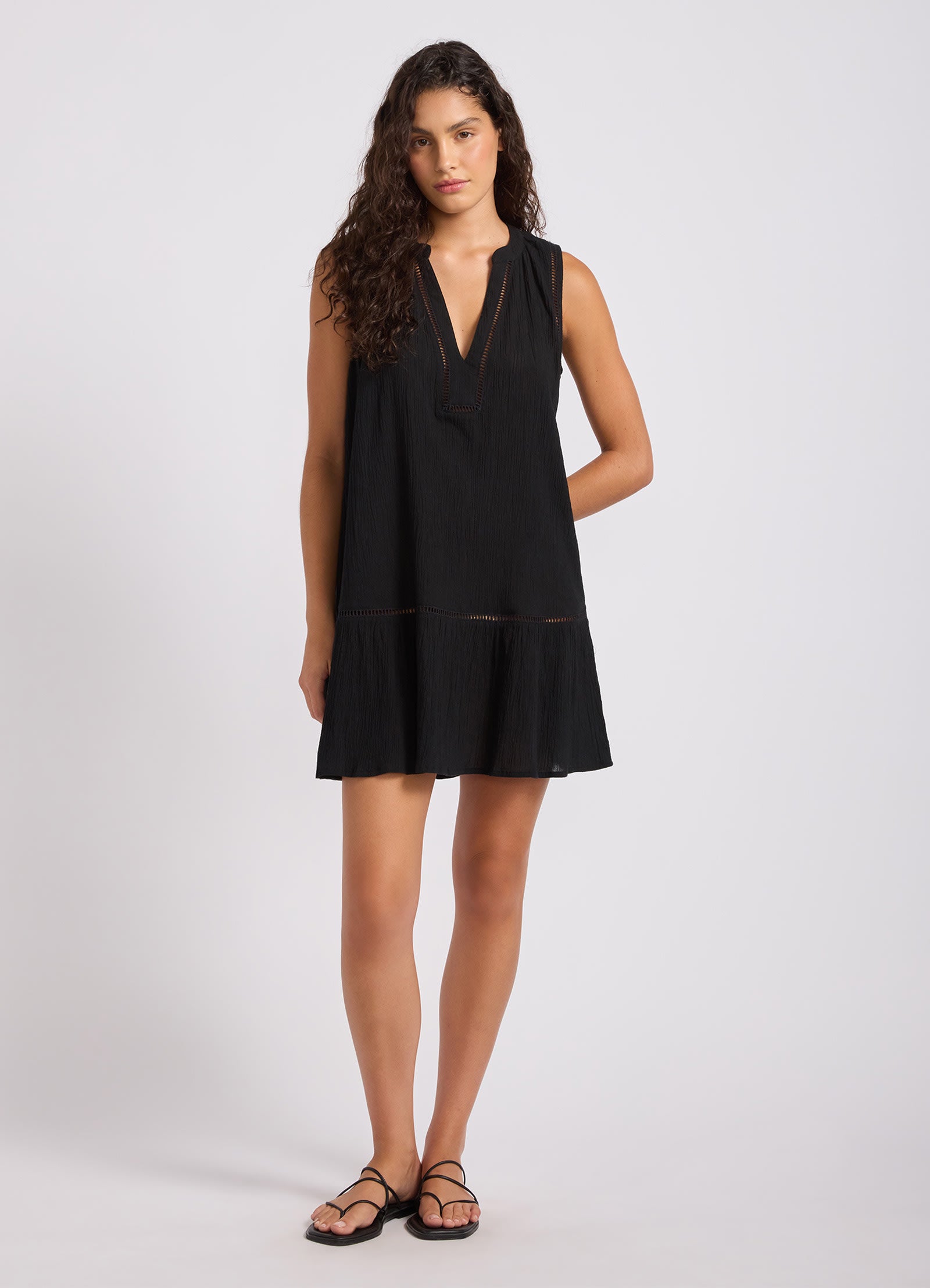 Crinkle Gauze Ladder Dress - Black