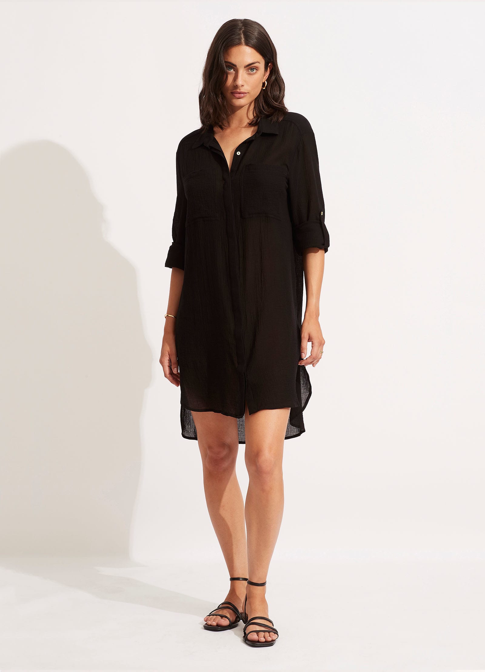 Crinkle Twill Beach Shirt - Black - Black