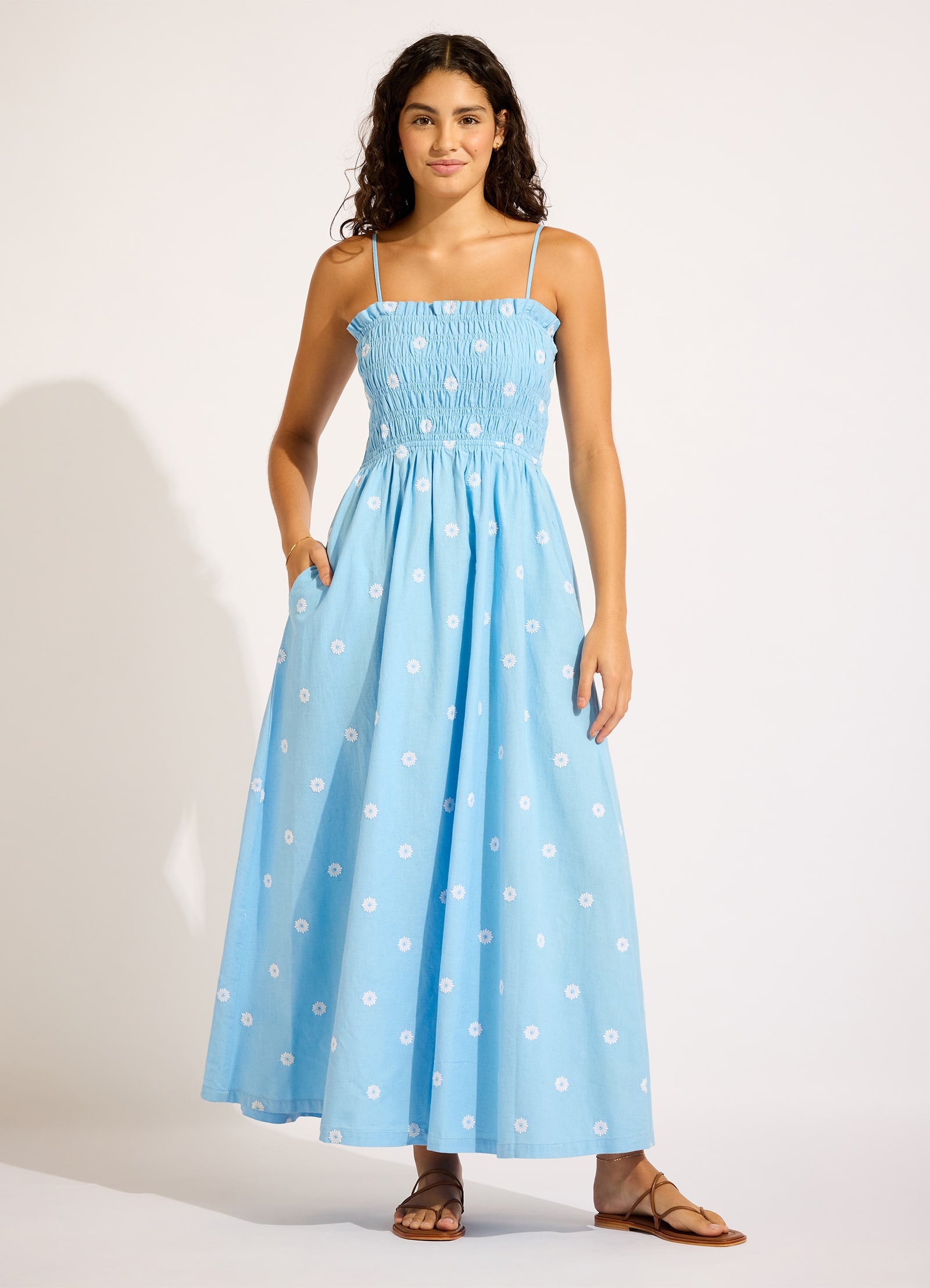 Daisy Chain Shirred Maxi Dress - Powder Blue