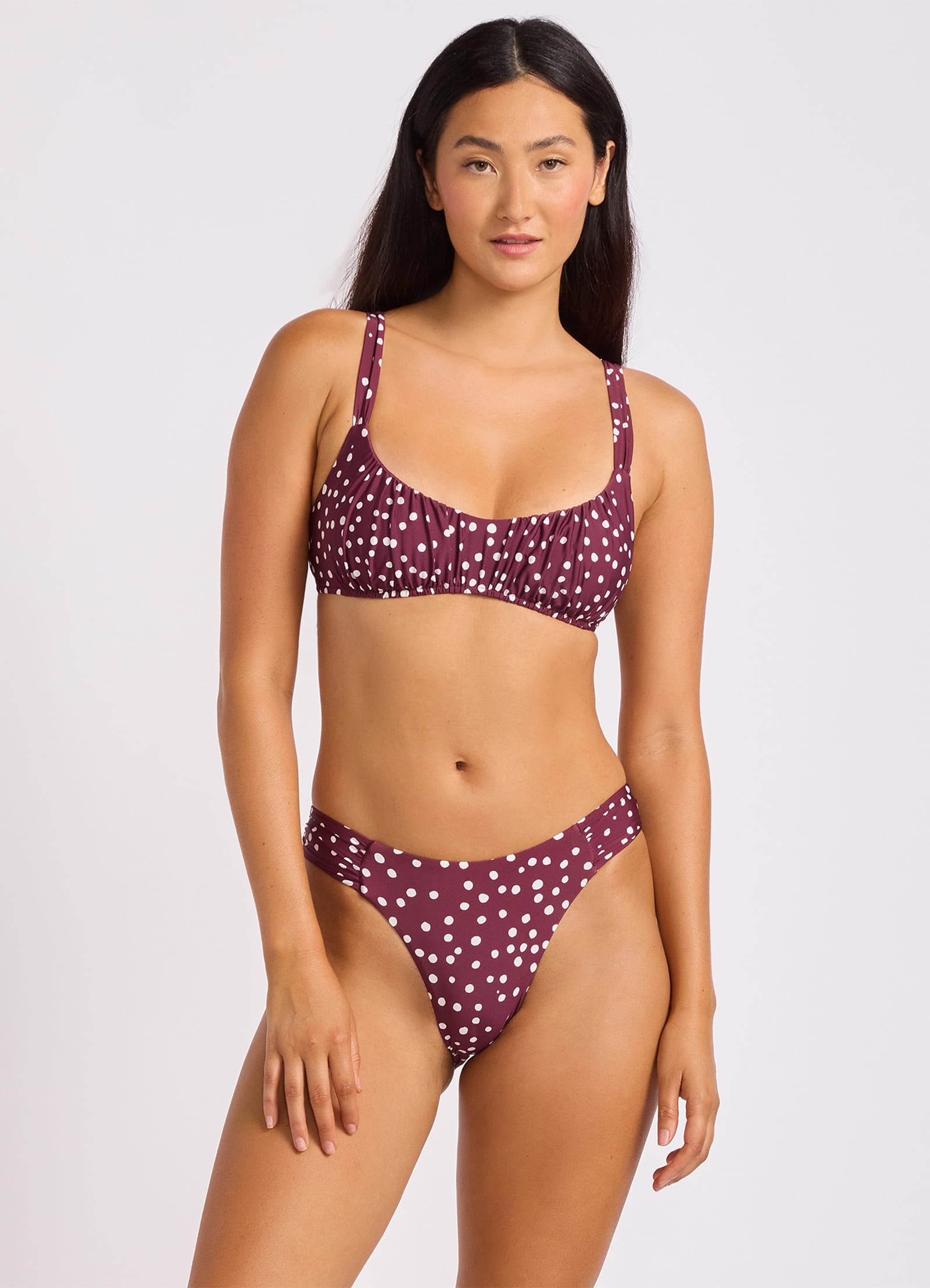 Dolce Dot High Leg Ruched Side Bikini Bottom - Dark Burgundy