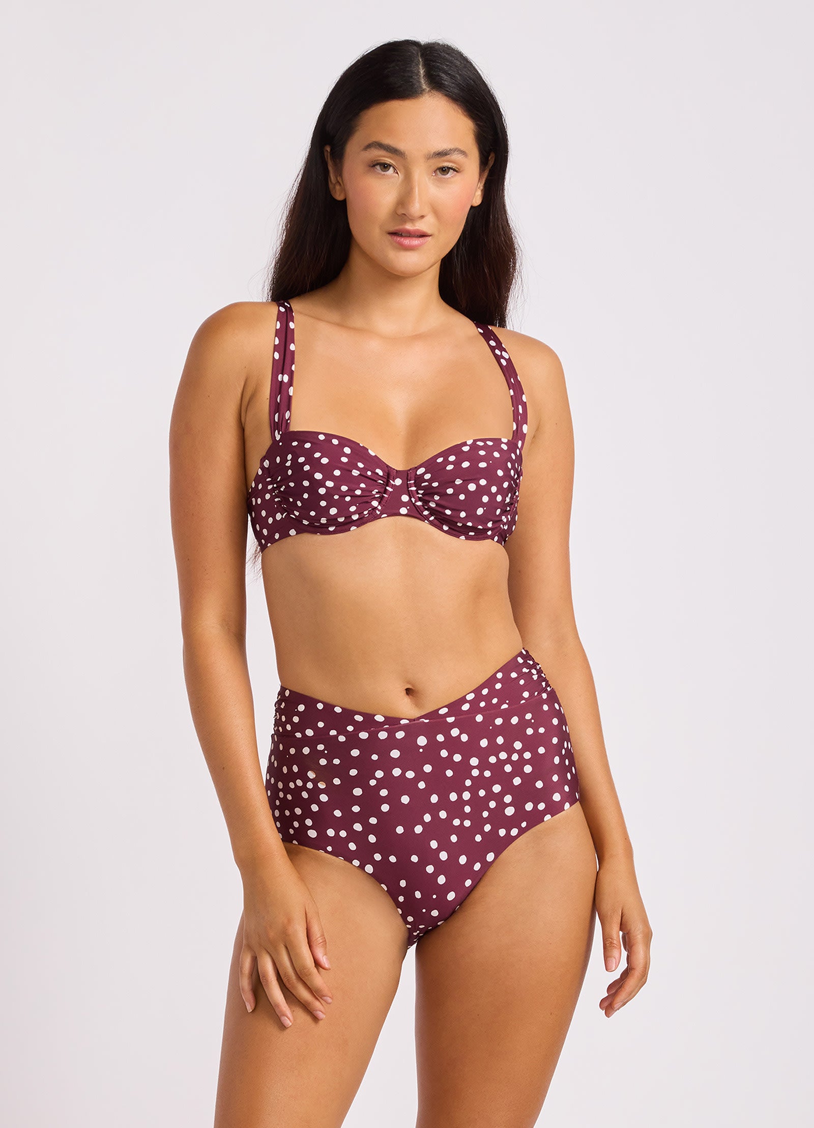 Dolce Dot Ruched Band High Waist Bikini Bottom - Dark Burgundy
