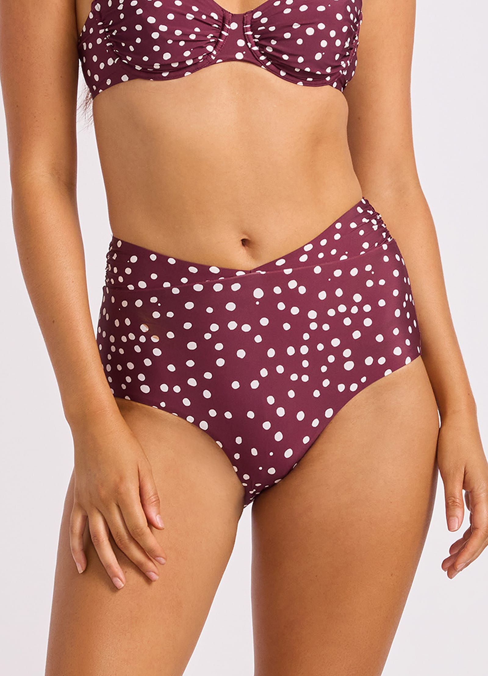 Dolce Dot Ruched Band High Waist Bikini Bottom - Dark Burgundy view 2