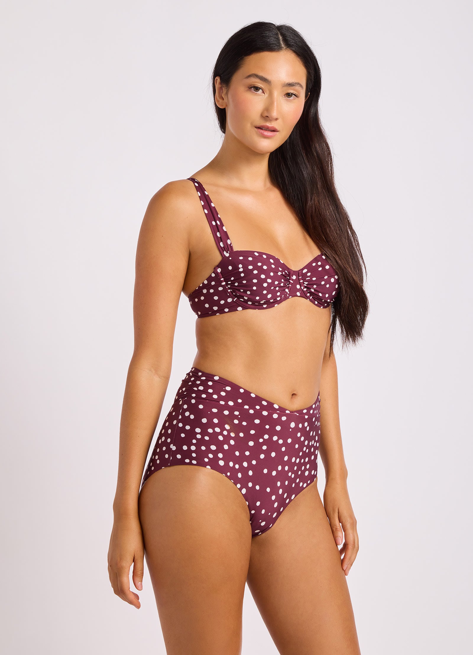 Dolce Dot Ruched Band High Waist Bikini Bottom - Dark Burgundy view 3