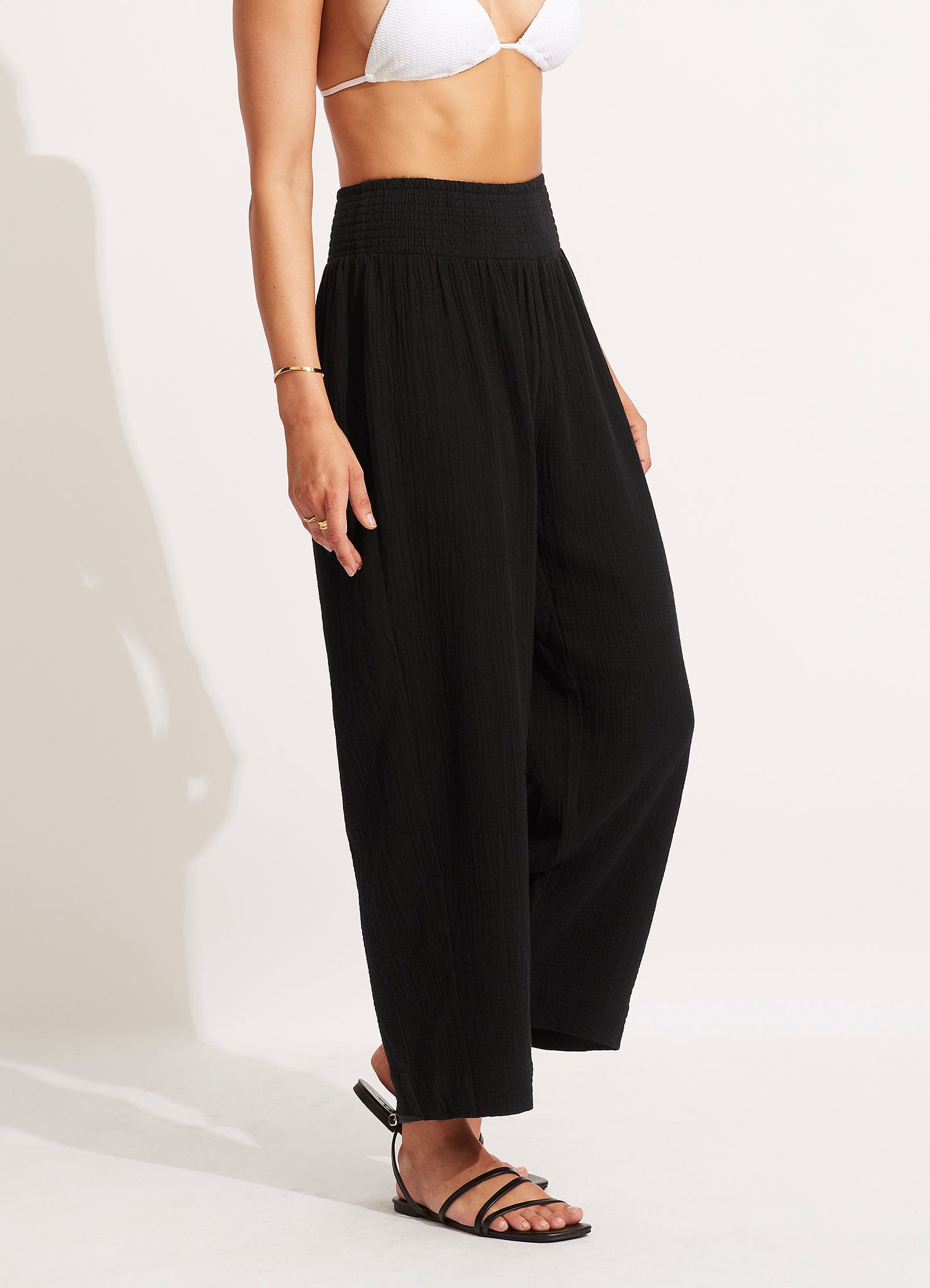 Double Cloth Shirred Pants - Black - Black view 3