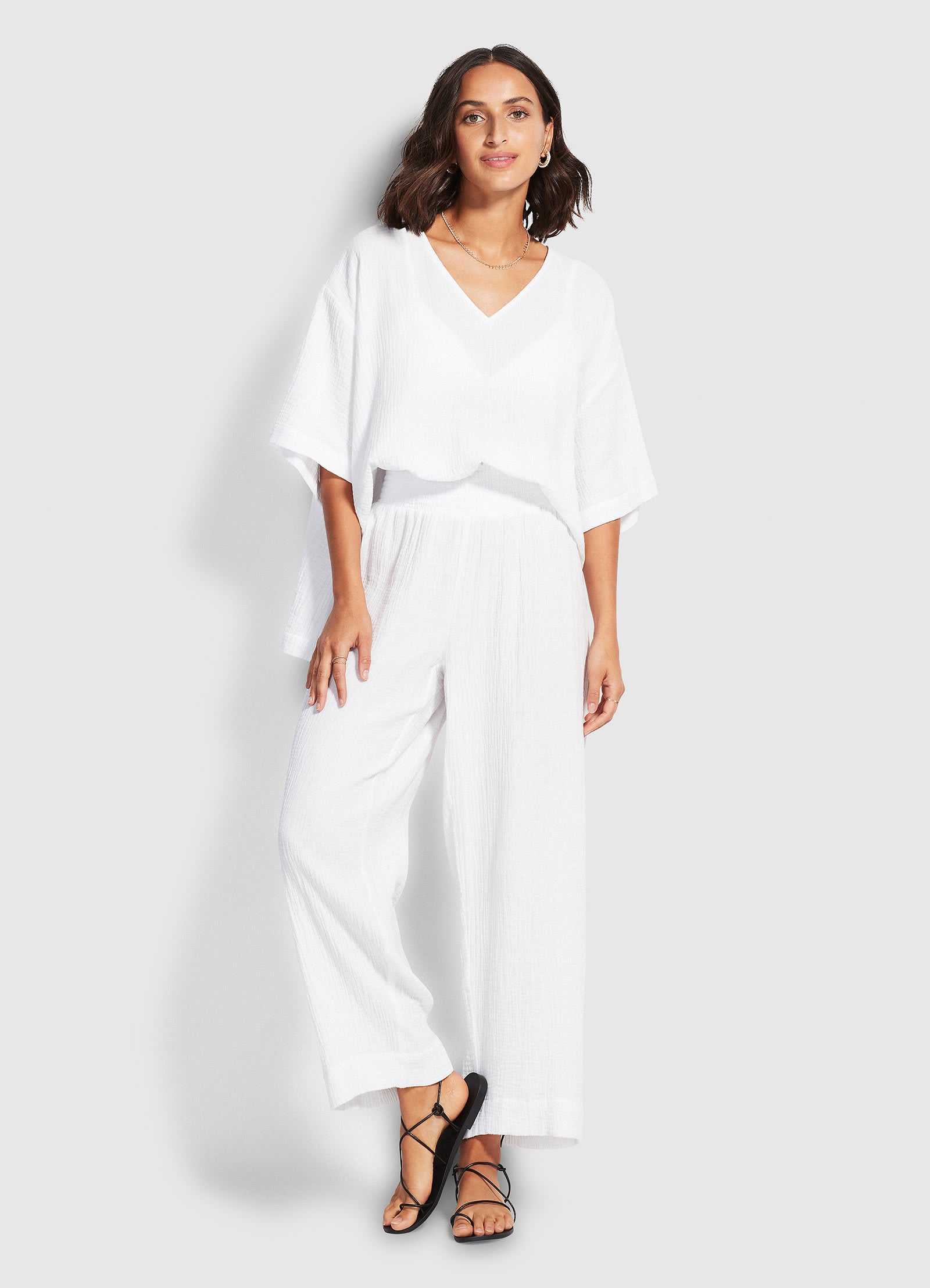 Double Cloth Shirred Pants - White - White