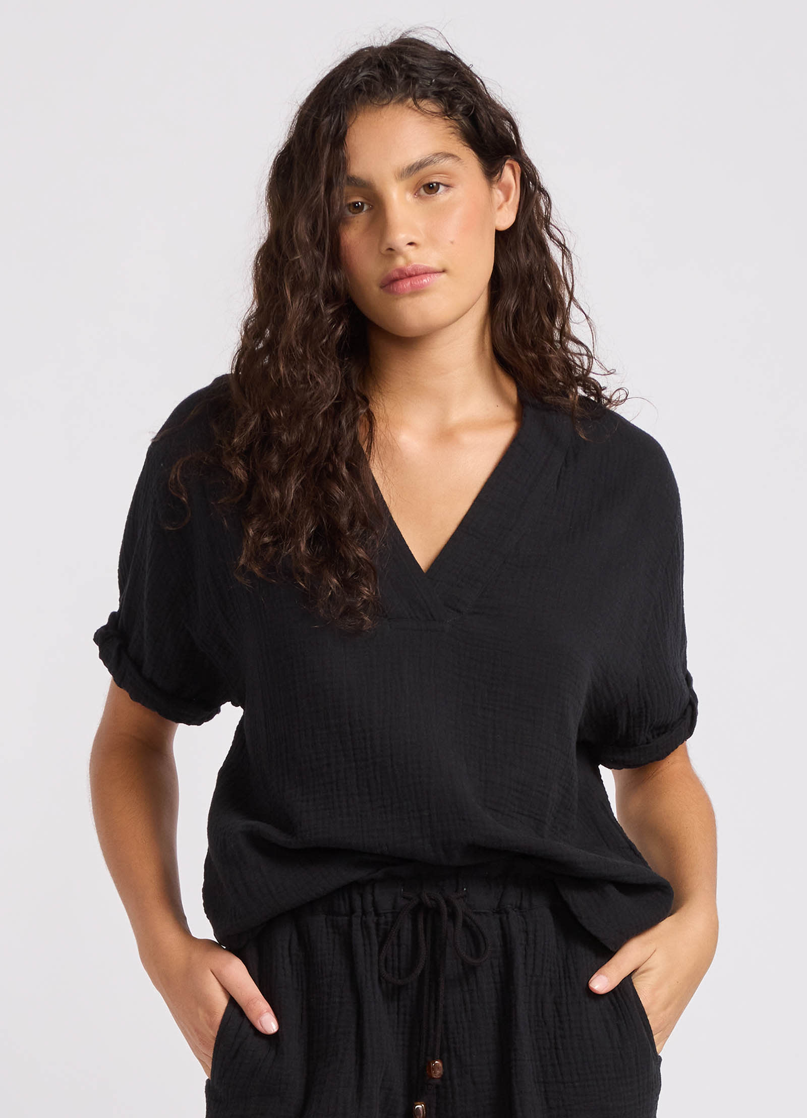 Double Gauze V-Neck Top - Black view 2