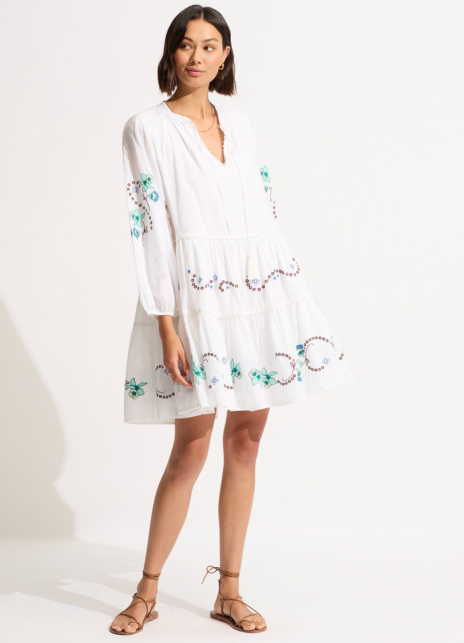 Eden Embroidery Tier Midi Dress - White - White
