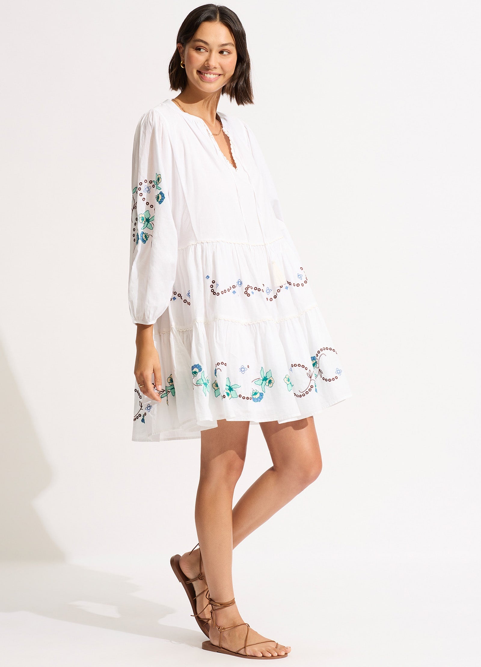 Eden Embroidery Tier Midi Dress - White - White view 2