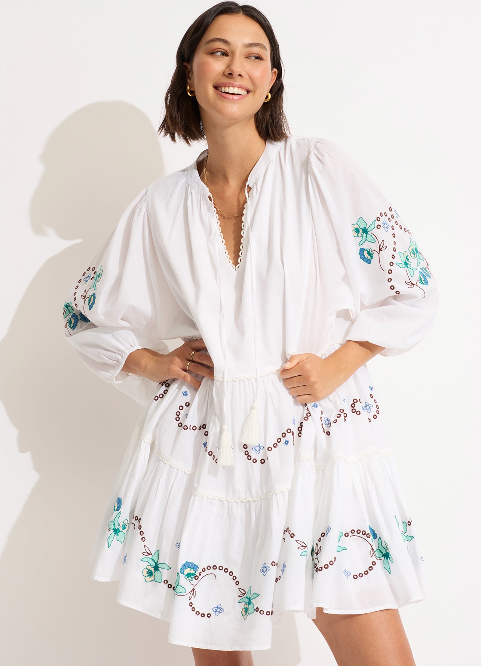 Eden Embroidery Tier Midi Dress - White - White view 5