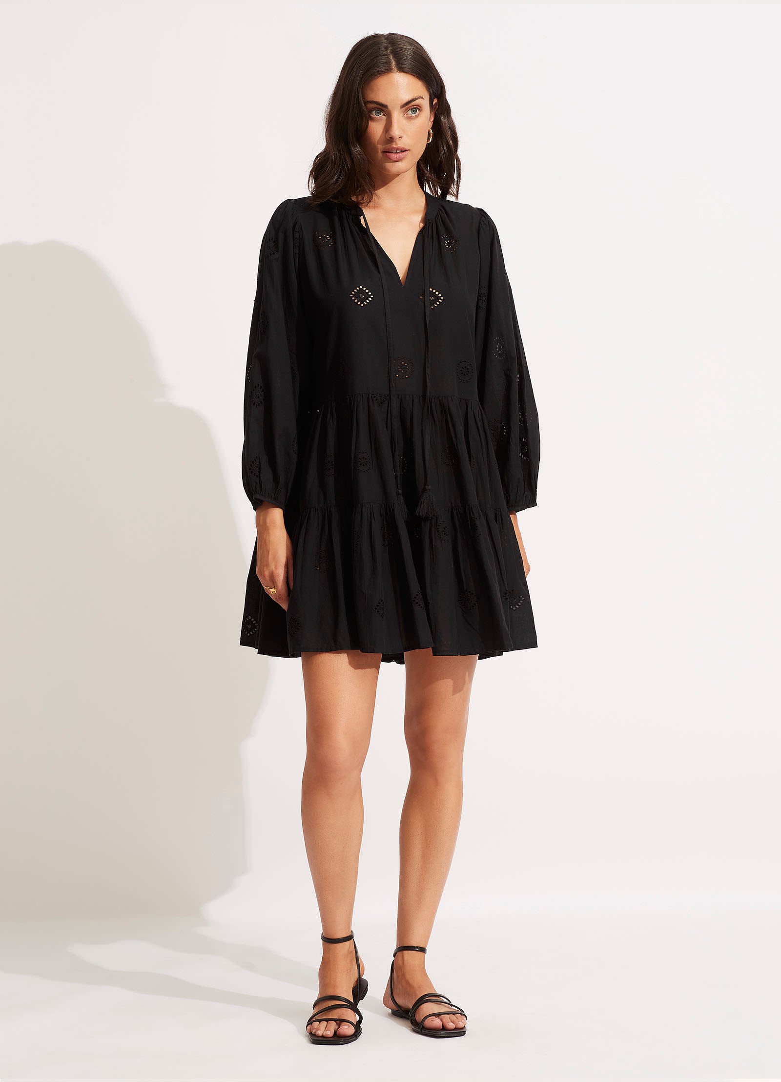 Embroidery Tiered Dress - Black - Black view 2