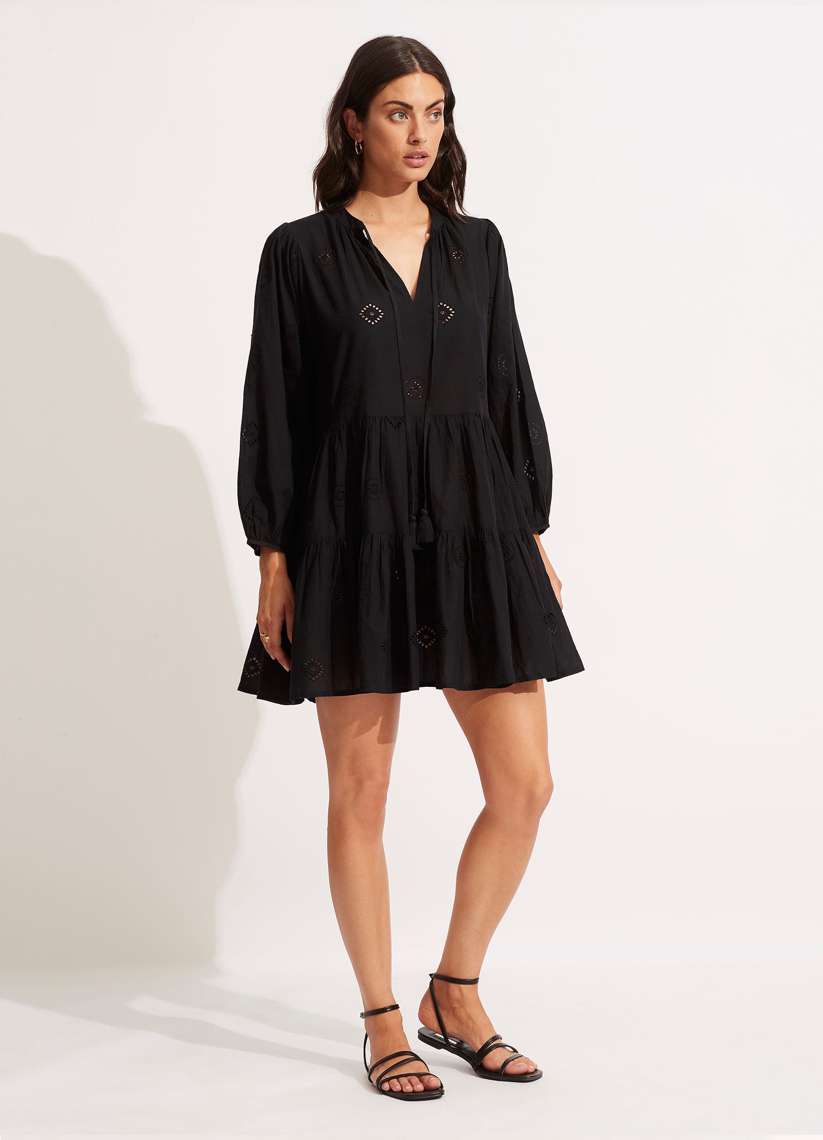 Embroidery Tiered Dress - Black - Black view 3