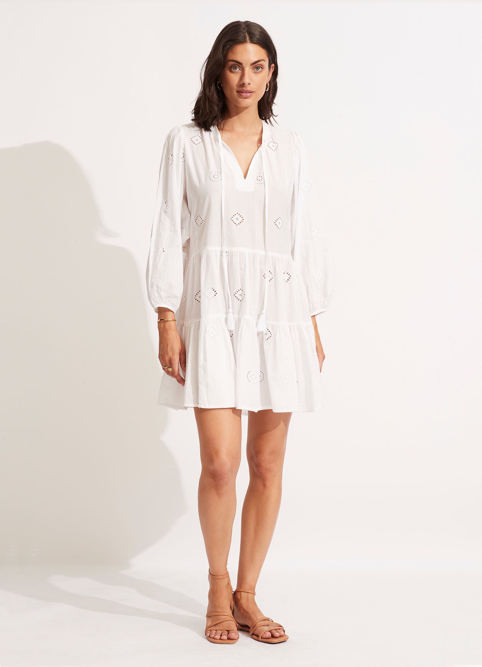 Embroidery Tiered Dress - White - White view 2
