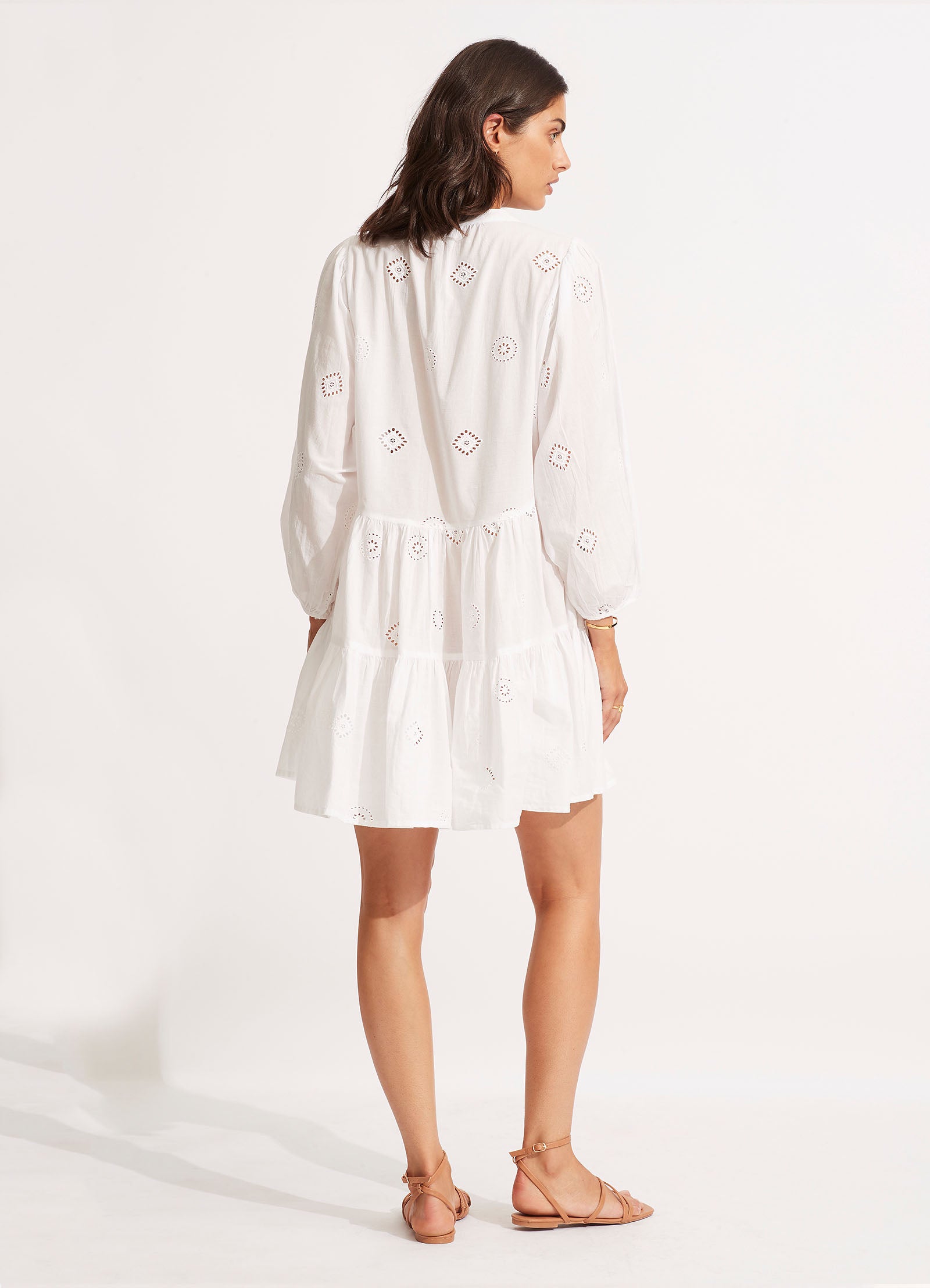 Embroidery Tiered Dress - White - White view 4