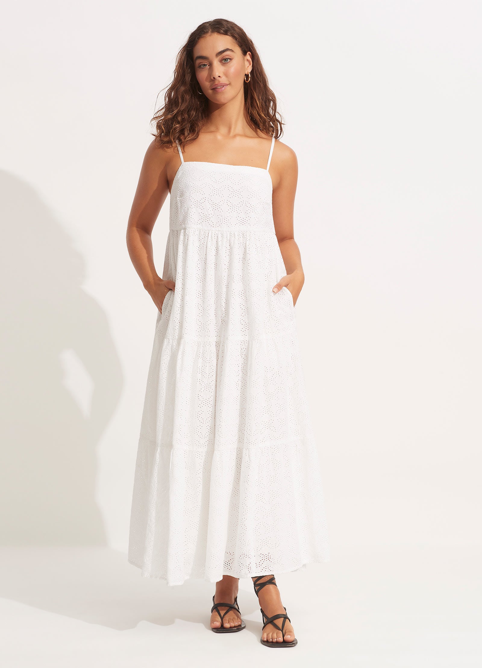 Embroidery Tiered Dress - White - White