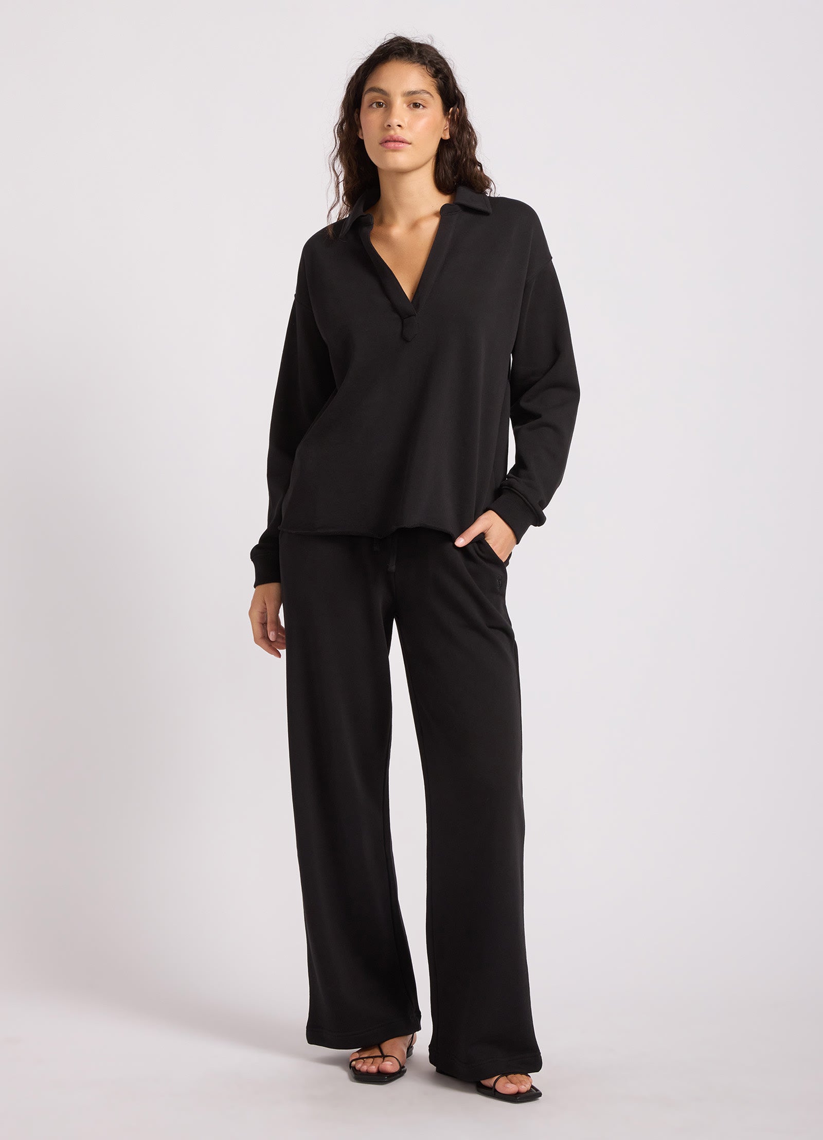 French Terry Polo Popover - Black