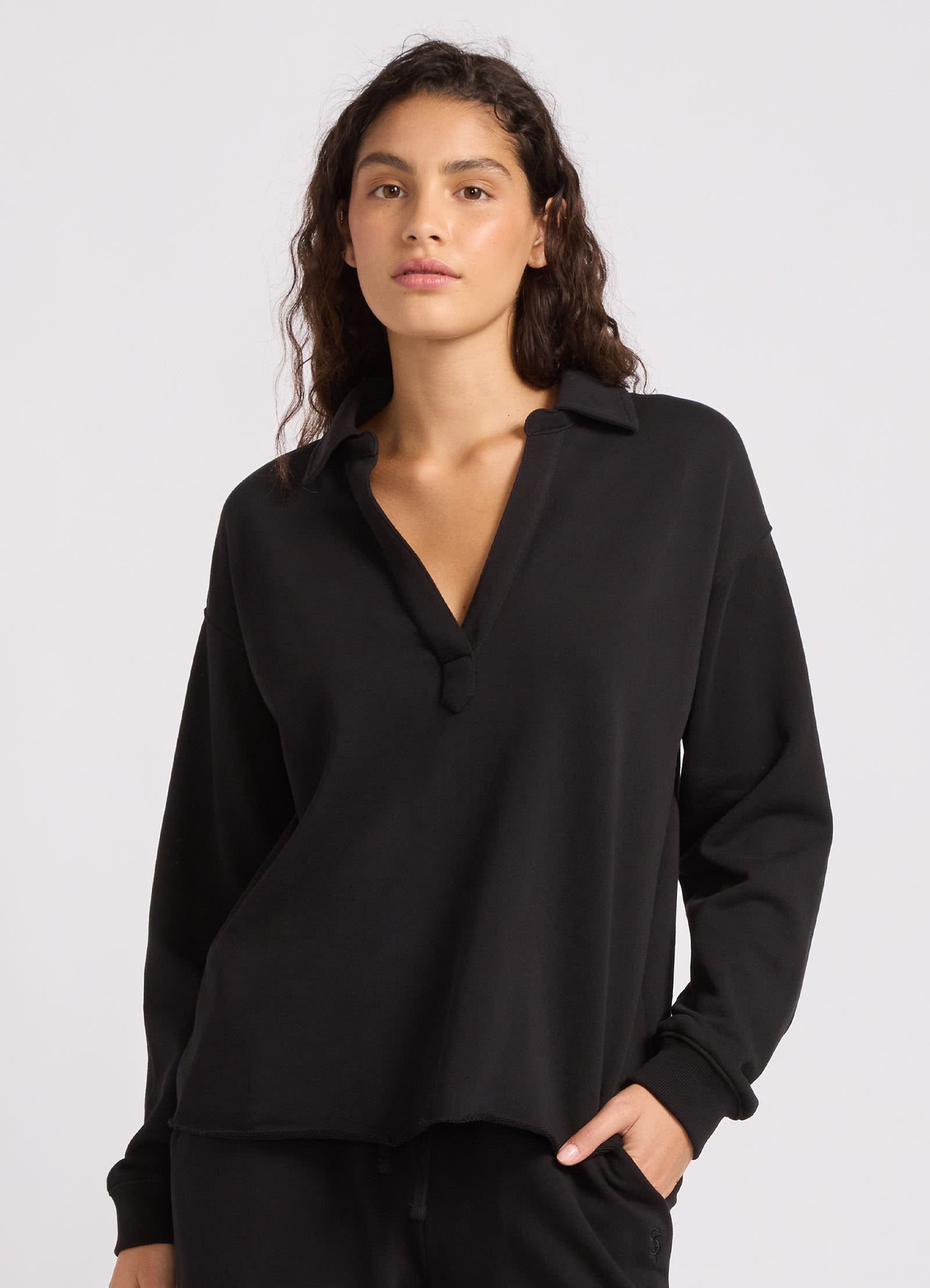 French Terry Polo Popover - Black view 2