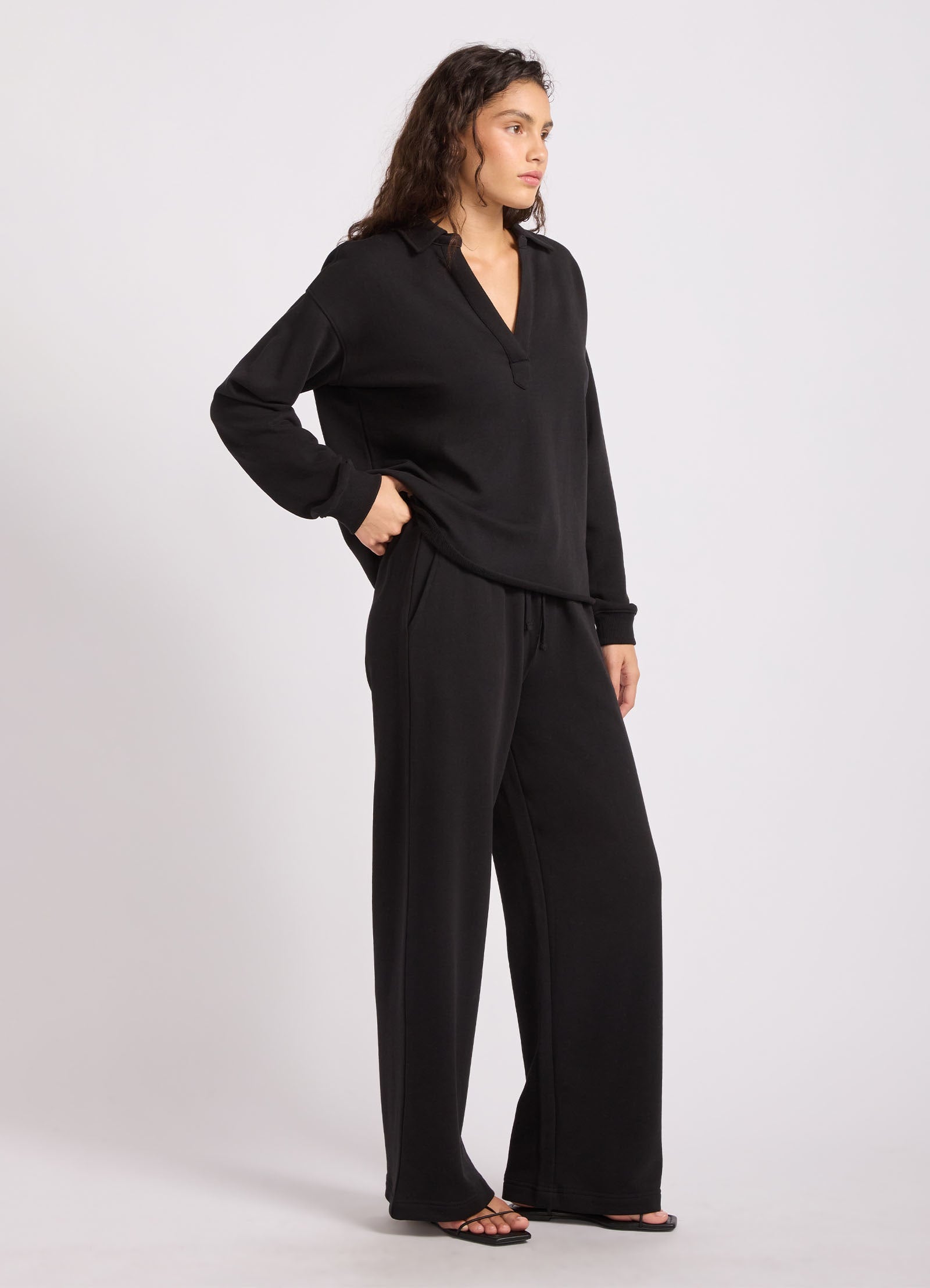 French Terry Polo Popover - Black view 3